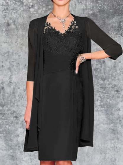 Knee-Length V-Neck Sheath/Column Mother of the Bride Dresses-LLELLA