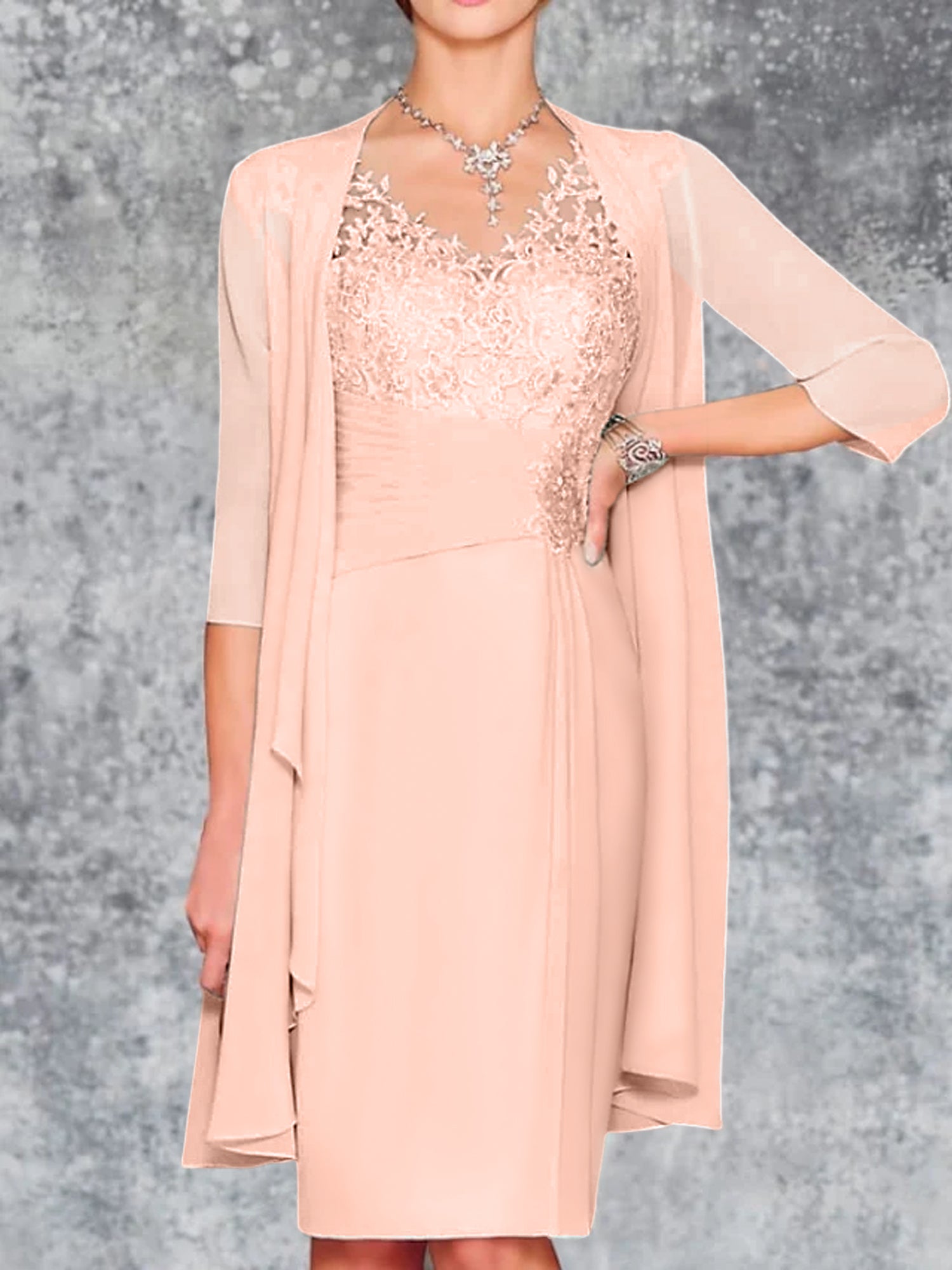 Knee-Length V-Neck Sheath/Column Mother of the Bride Dresses-LLELLA