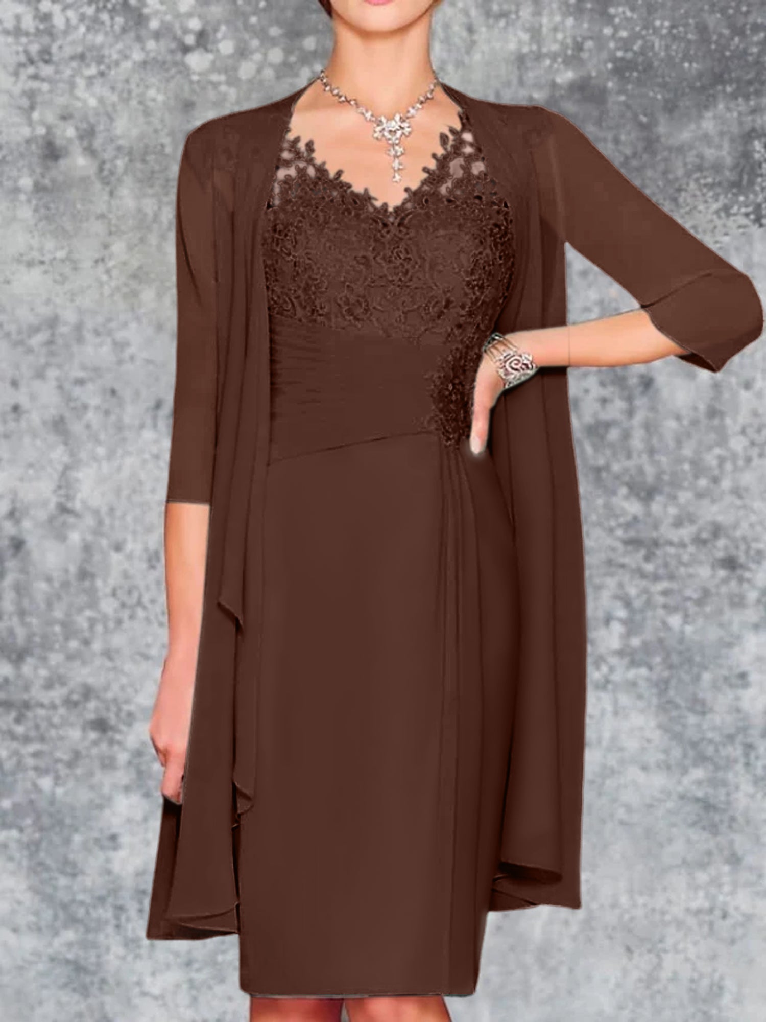 Knee-Length V-Neck Sheath/Column Mother of the Bride Dresses-LLELLA