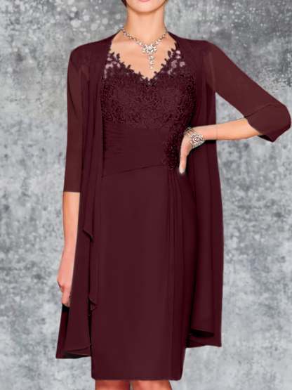 Knee-Length V-Neck Sheath/Column Mother of the Bride Dresses-LLELLA