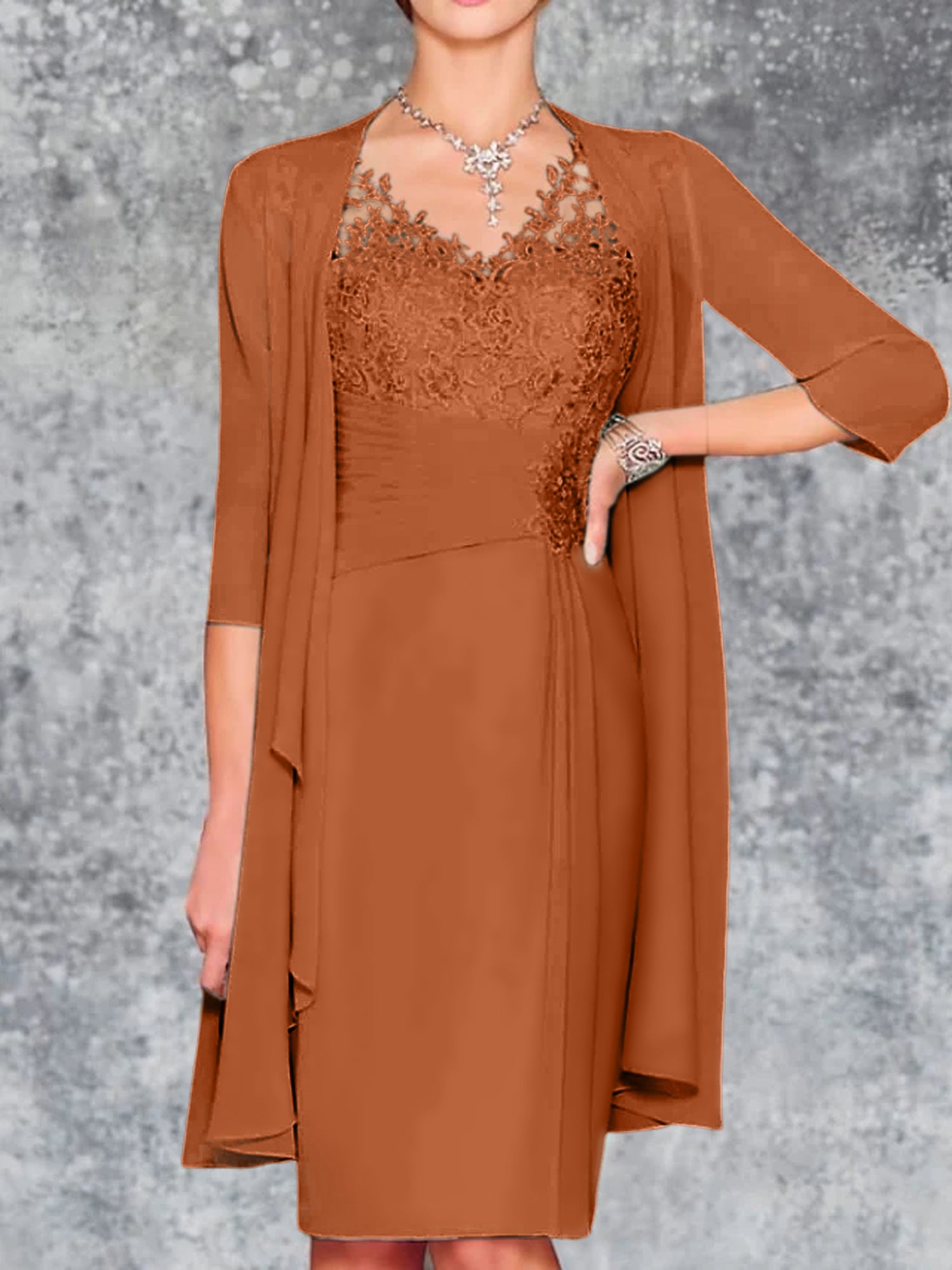 Knee-Length V-Neck Sheath/Column Mother of the Bride Dresses-LLELLA