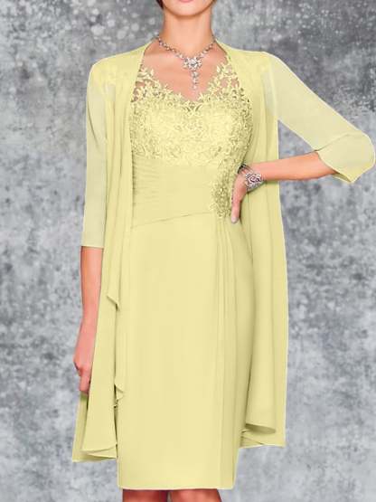Knee-Length V-Neck Sheath/Column Mother of the Bride Dresses-LLELLA