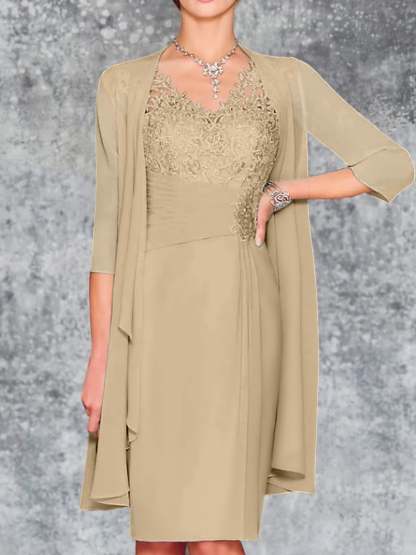 Knee-Length V-Neck Sheath/Column Mother of the Bride Dresses-LLELLA