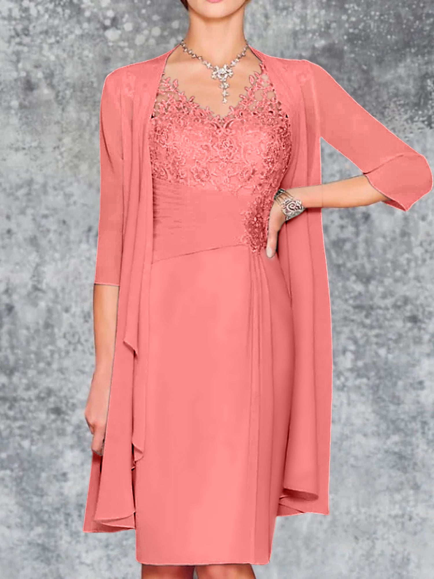 Knee-Length V-Neck Sheath/Column Mother of the Bride Dresses-LLELLA