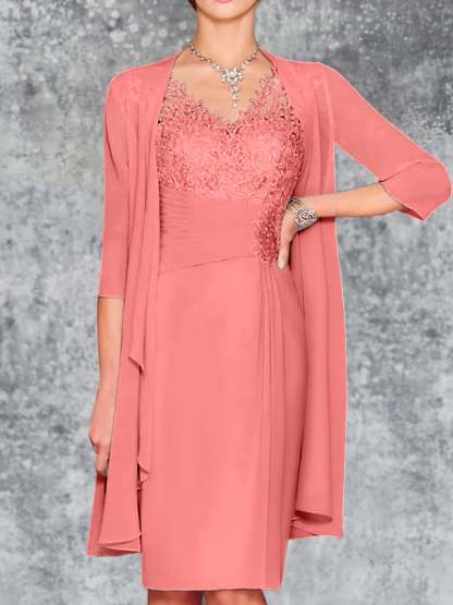 Knee-Length V-Neck Sheath/Column Mother of the Bride Dresses-LLELLA