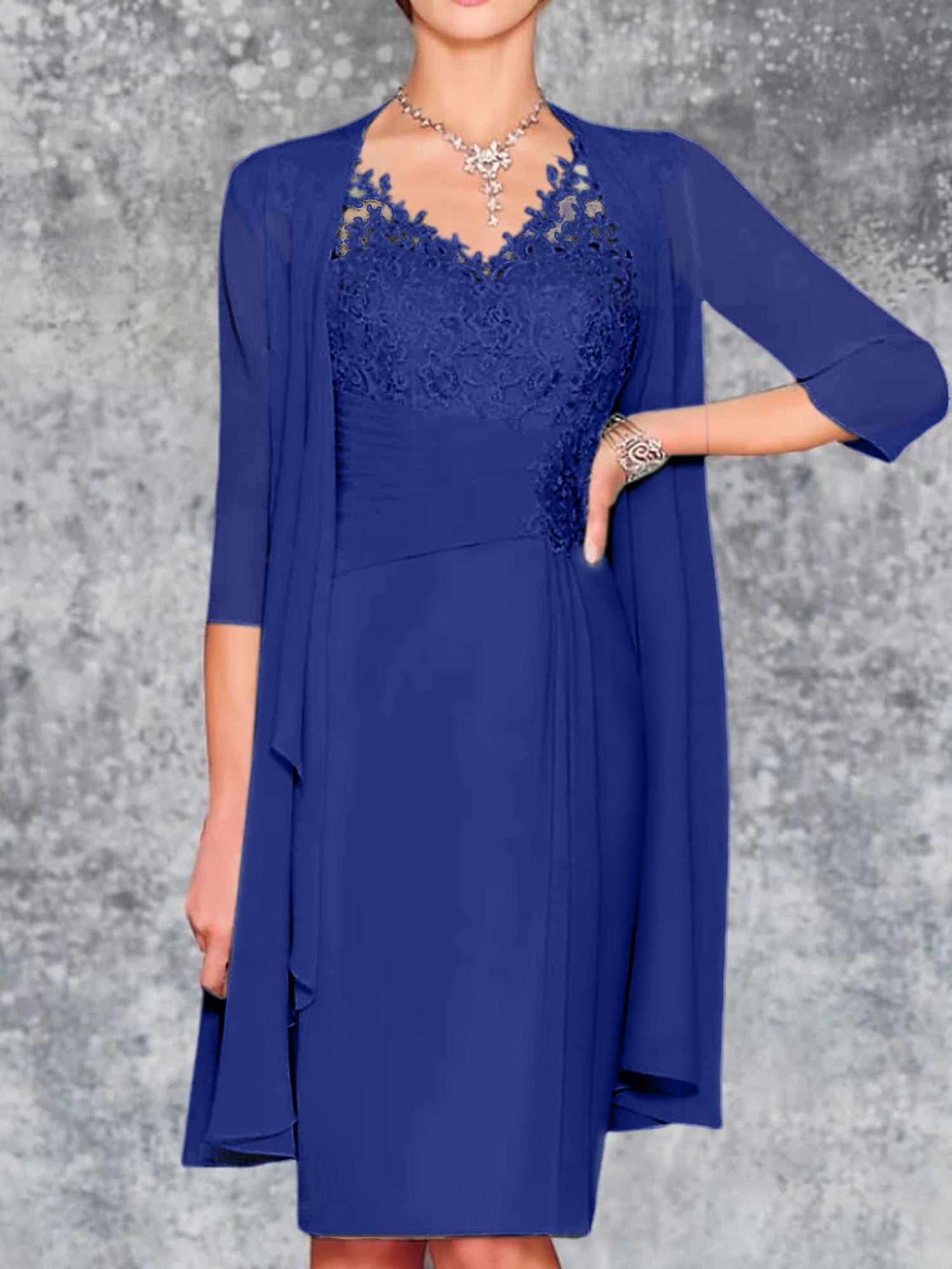 Knee-Length V-Neck Sheath/Column Mother of the Bride Dresses-LLELLA