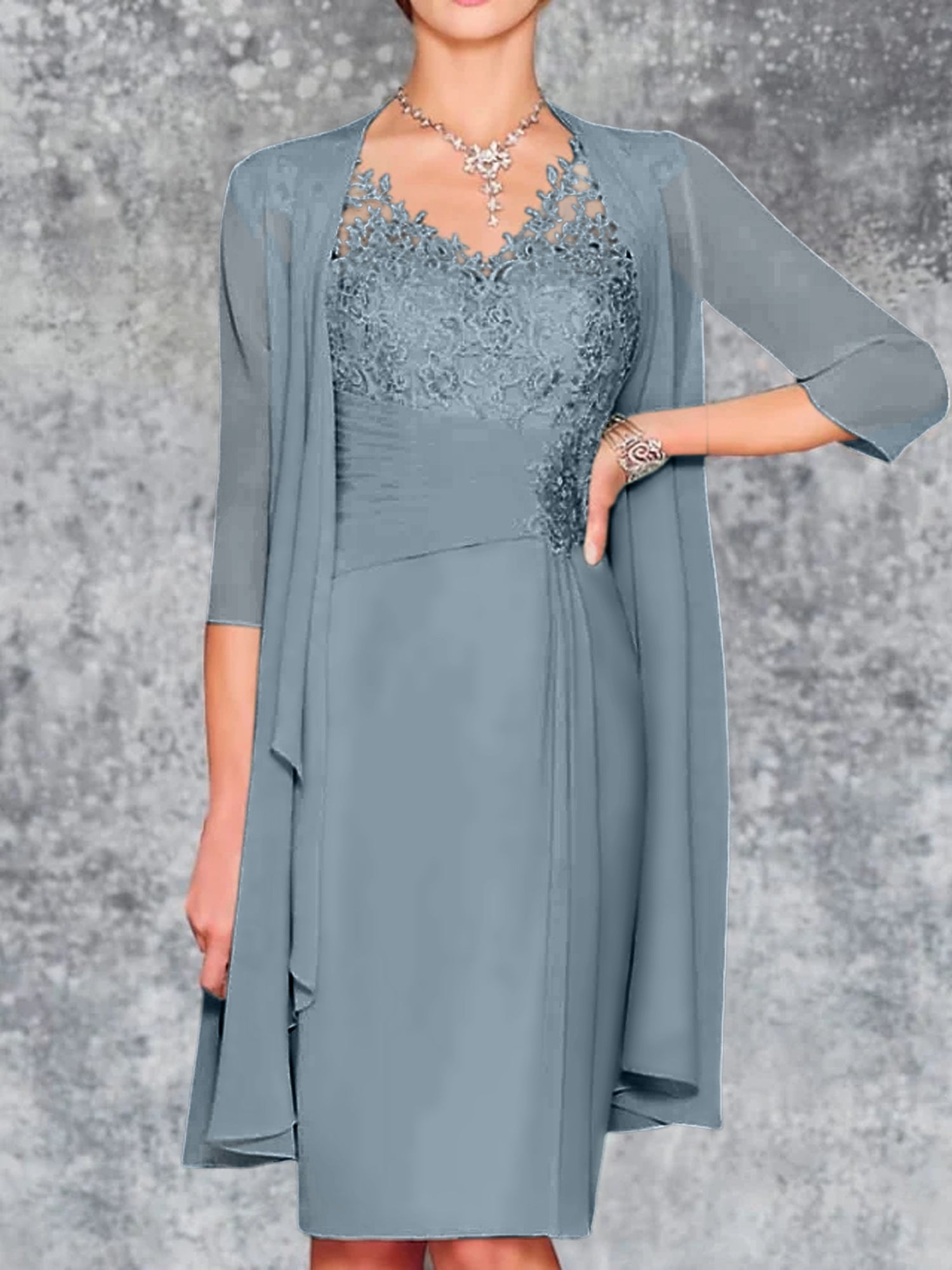 Knee-Length V-Neck Sheath/Column Mother of the Bride Dresses-LLELLA
