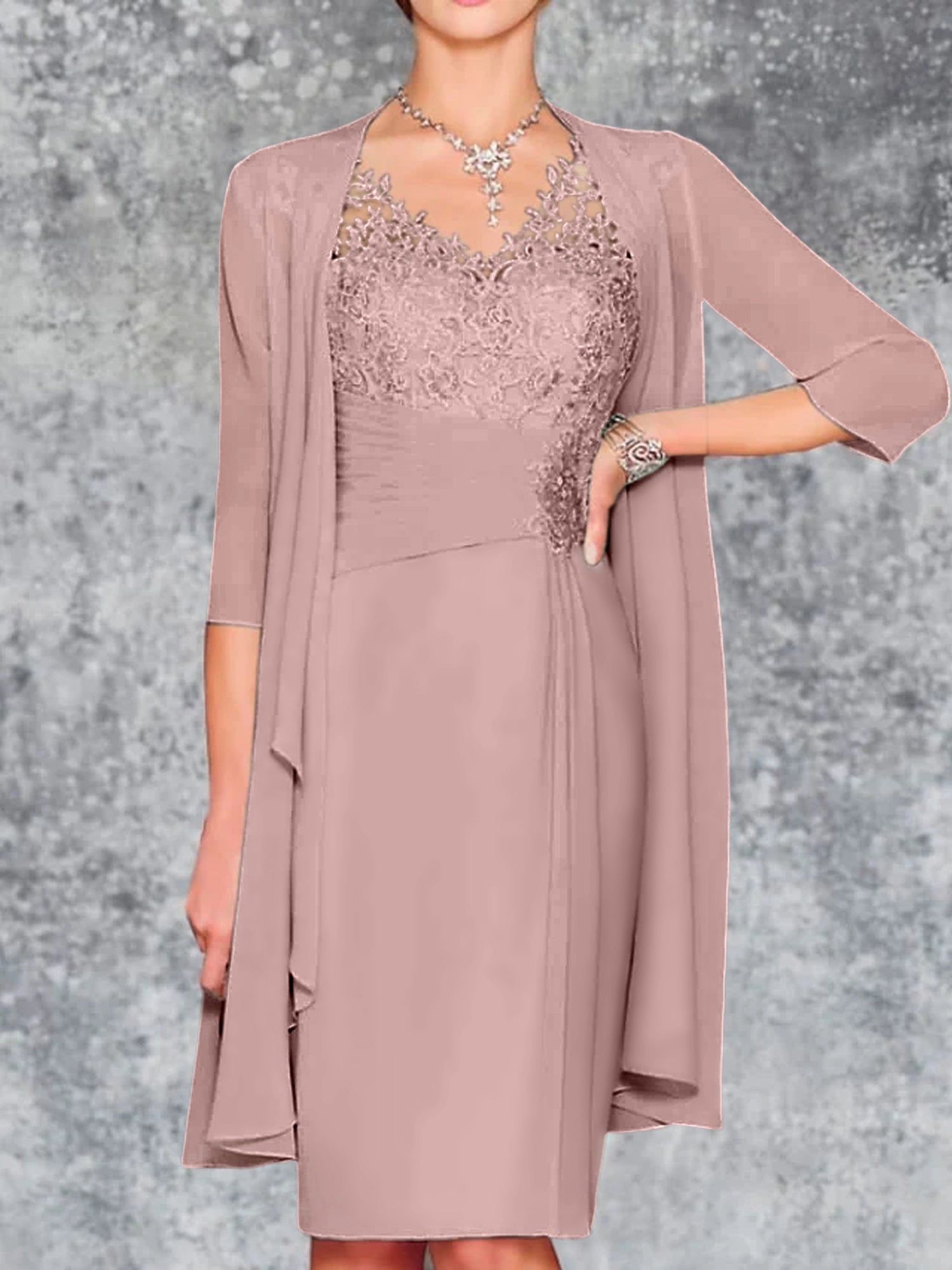 Knee-Length V-Neck Sheath/Column Mother of the Bride Dresses-LLELLA