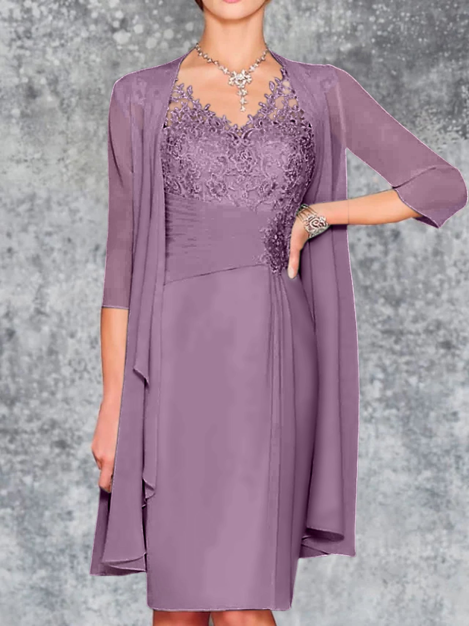 Knee-Length V-Neck Sheath/Column Mother of the Bride Dresses-LLELLA