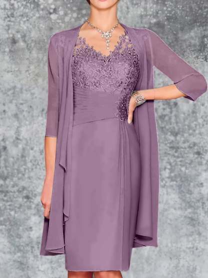 Knee-Length V-Neck Sheath/Column Mother of the Bride Dresses-LLELLA
