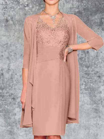 Knee-Length V-Neck Sheath/Column Mother of the Bride Dresses-LLELLA