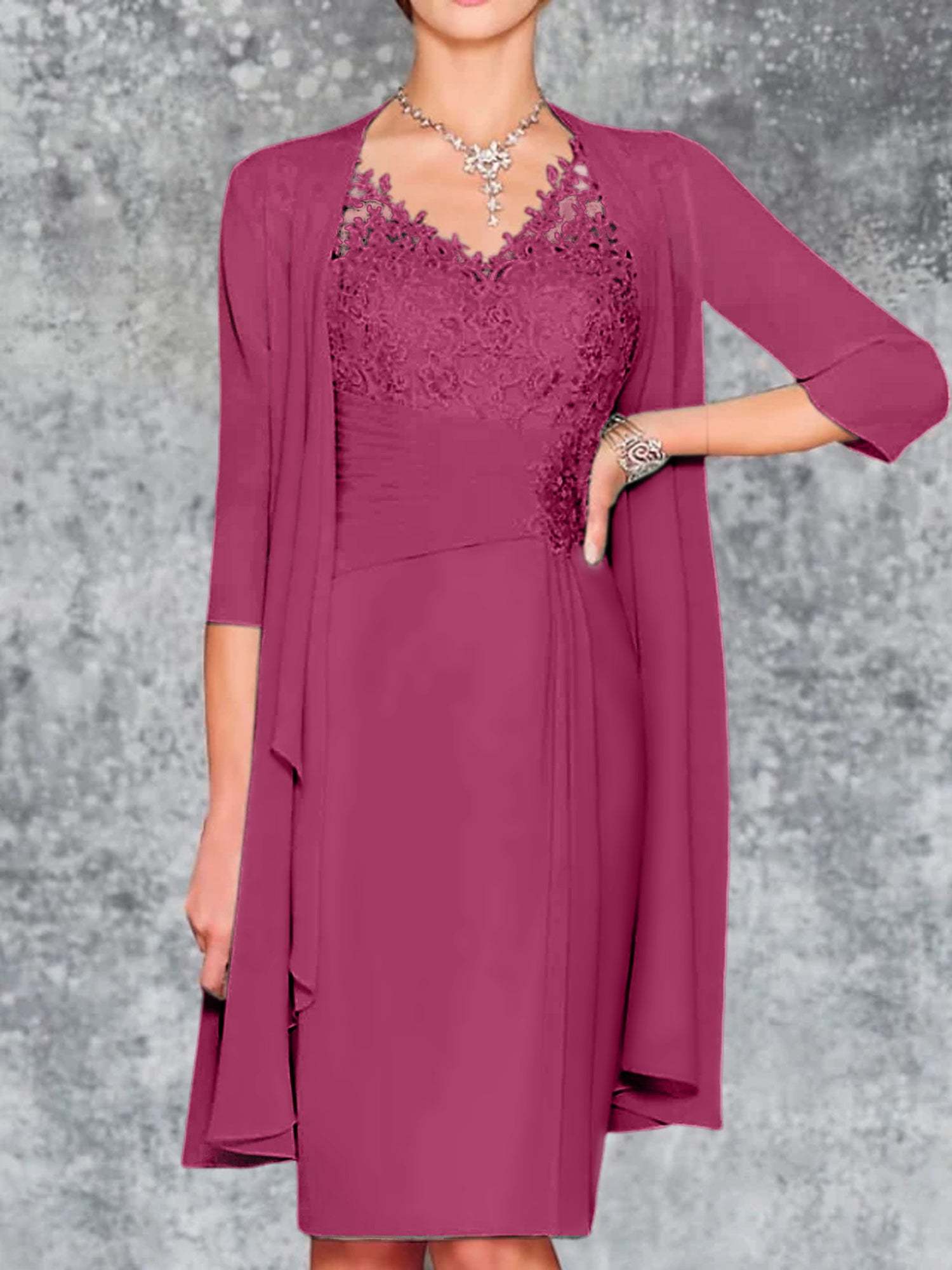 Knee-Length V-Neck Sheath/Column Mother of the Bride Dresses-LLELLA