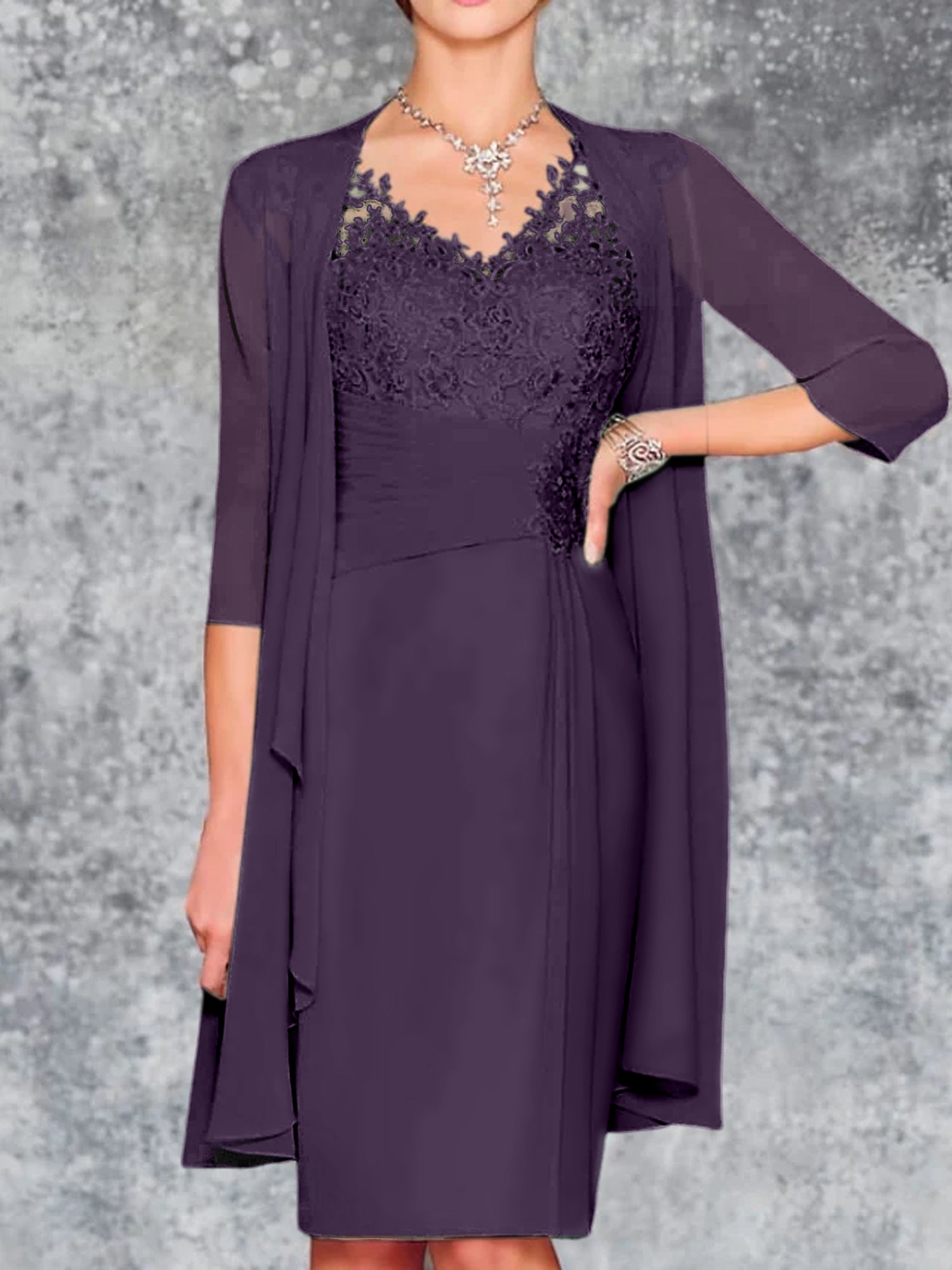 Knee-Length V-Neck Sheath/Column Mother of the Bride Dresses-LLELLA
