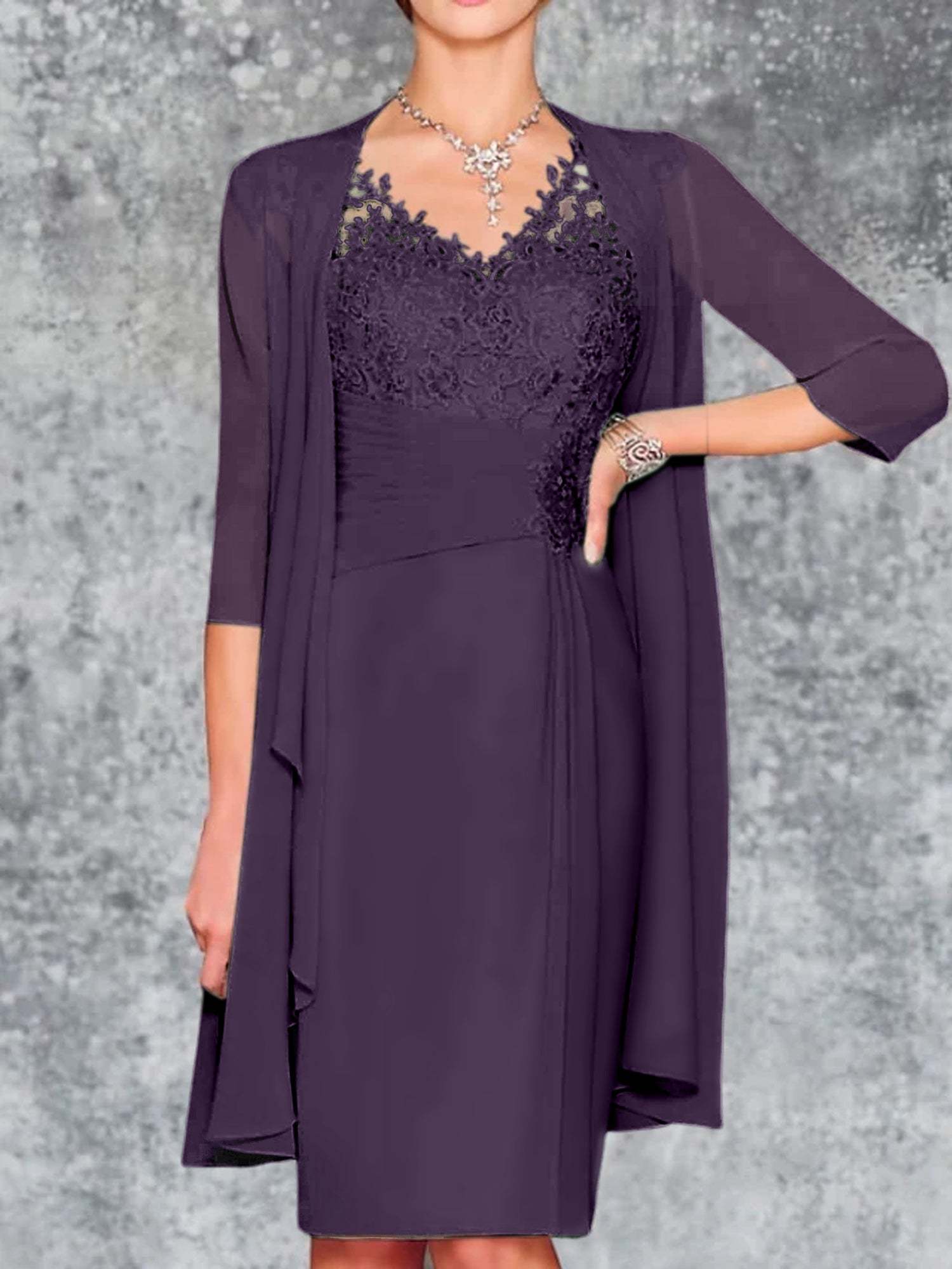 Knee-Length V-Neck Sheath/Column Mother of the Bride Dresses-LLELLA