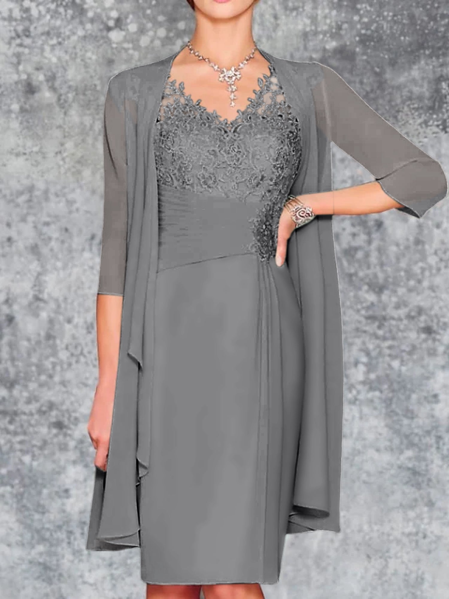Knee-Length V-Neck Sheath/Column Mother of the Bride Dresses-LLELLA