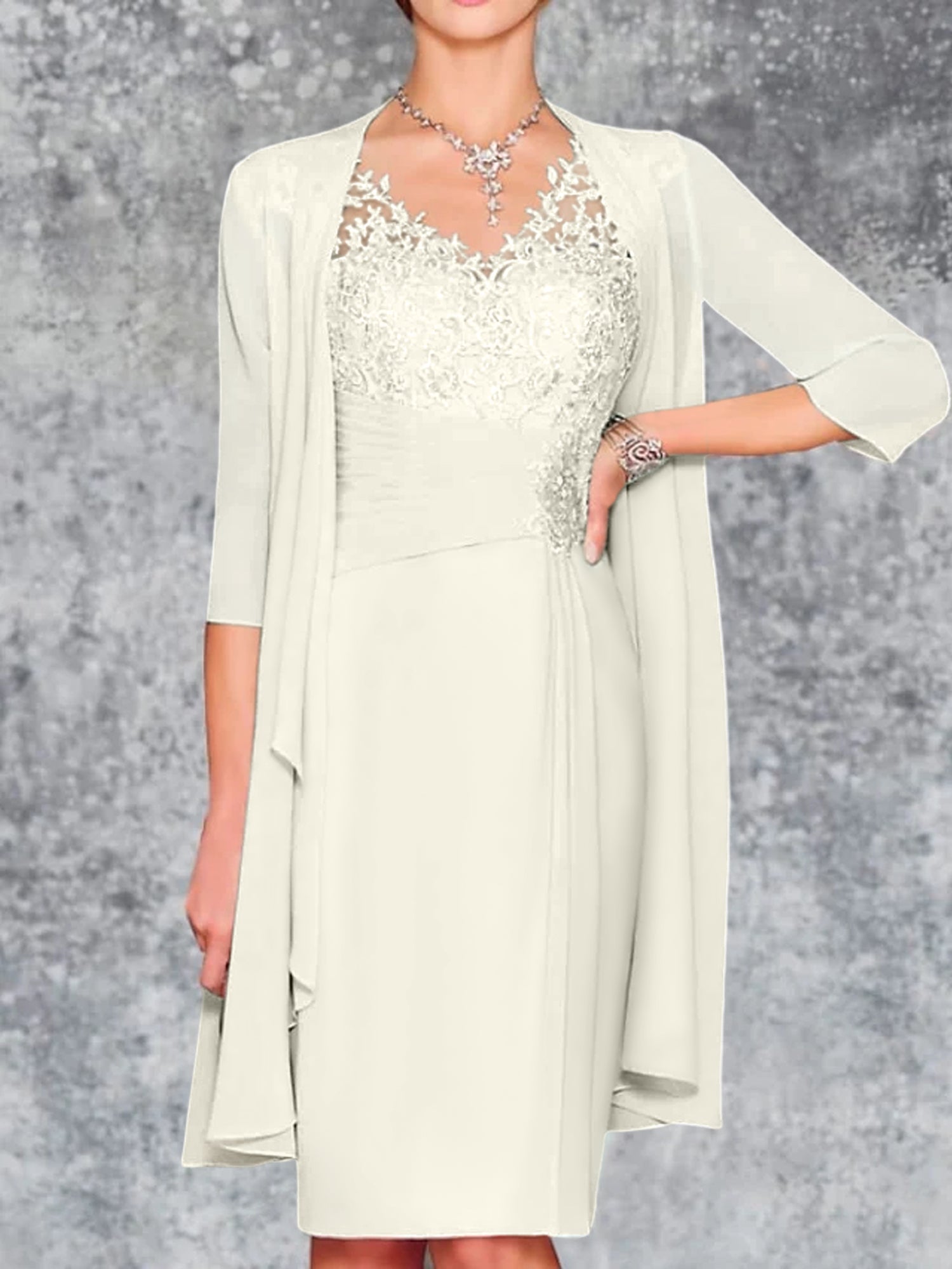 Knee-Length V-Neck Sheath/Column Mother of the Bride Dresses-LLELLA