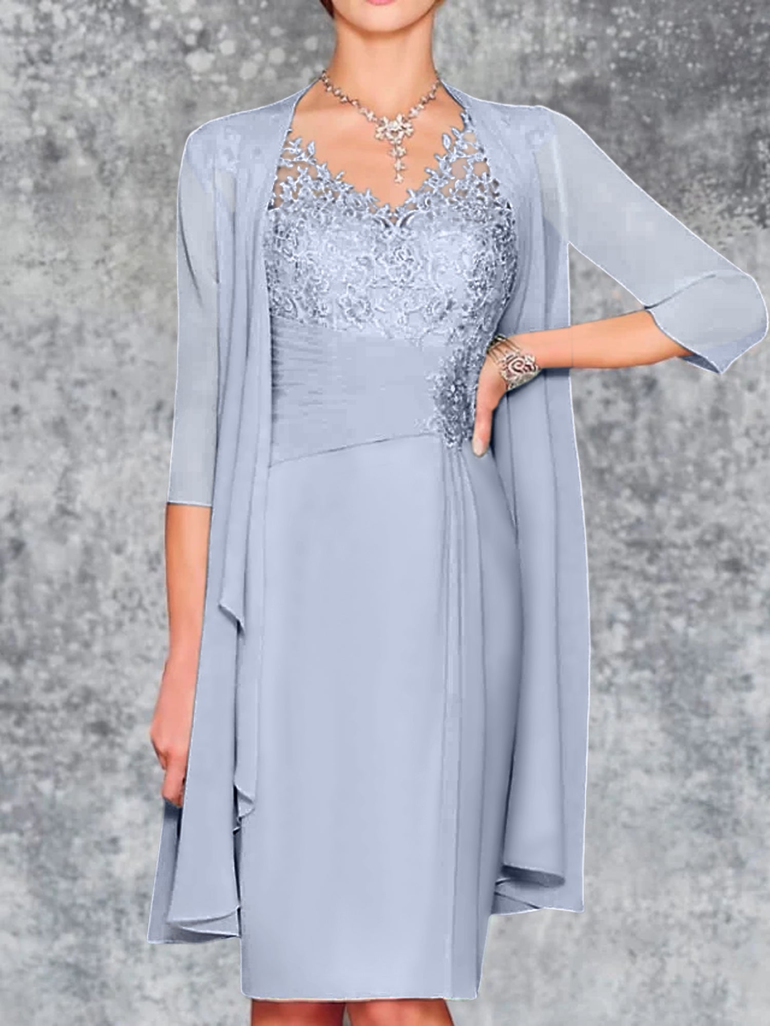 Knee-Length V-Neck Sheath/Column Mother of the Bride Dresses-LLELLA