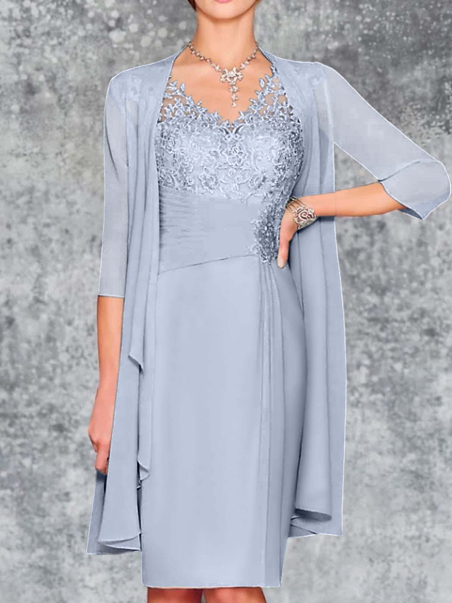 Knee-Length V-Neck Sheath/Column Mother of the Bride Dresses-LLELLA