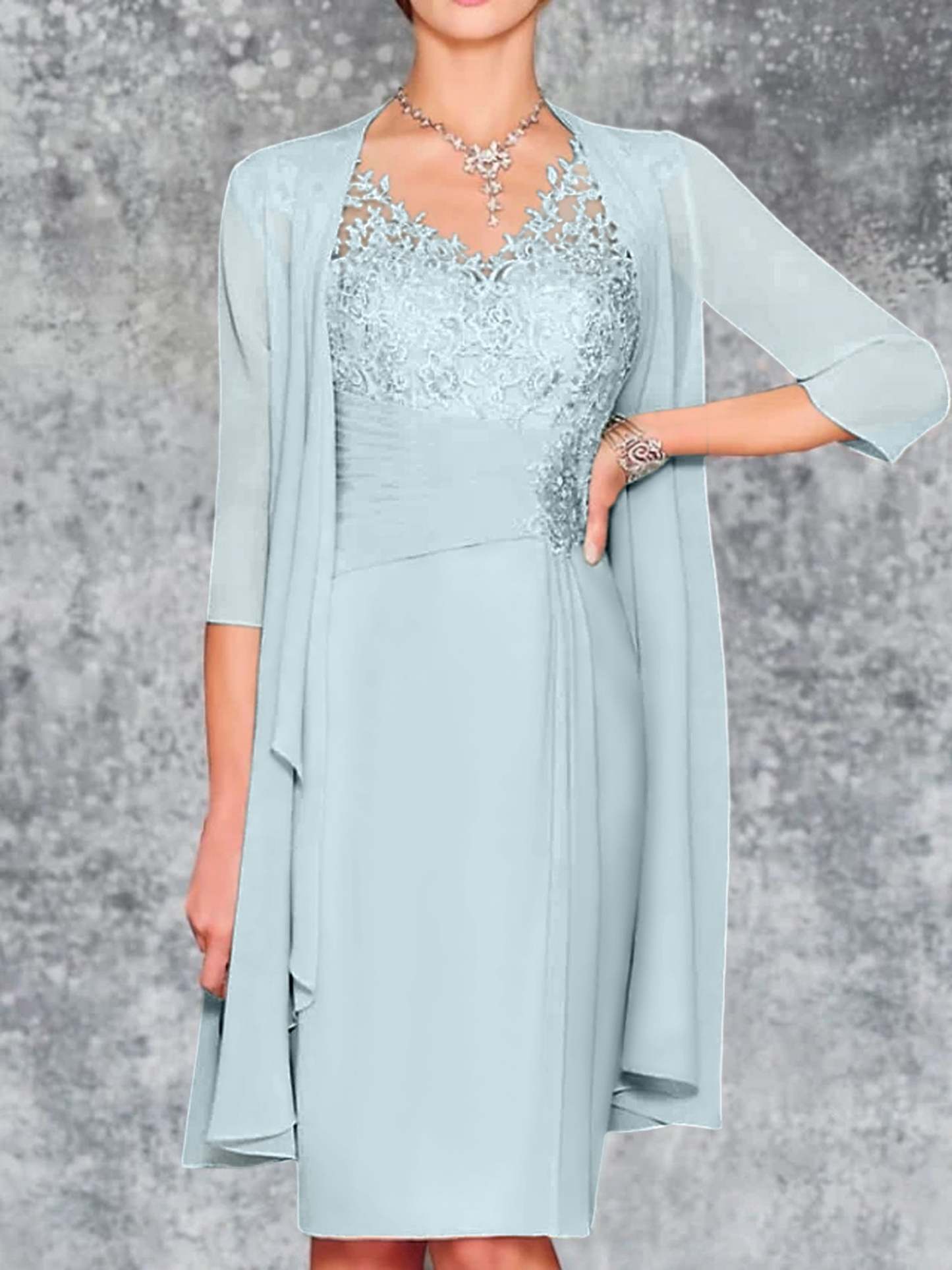 Knee-Length V-Neck Sheath/Column Mother of the Bride Dresses-LLELLA