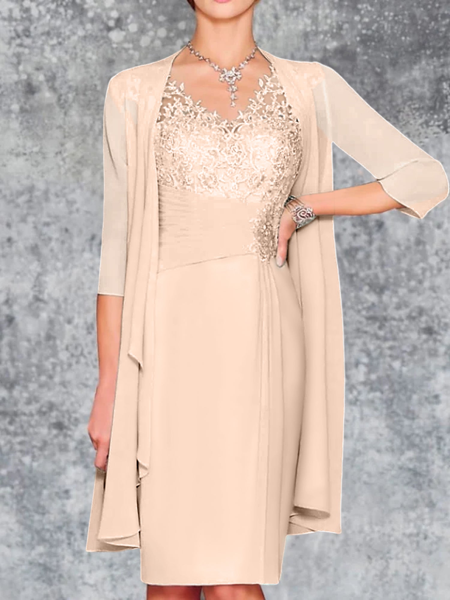 Knee-Length V-Neck Sheath/Column Mother of the Bride Dresses-LLELLA