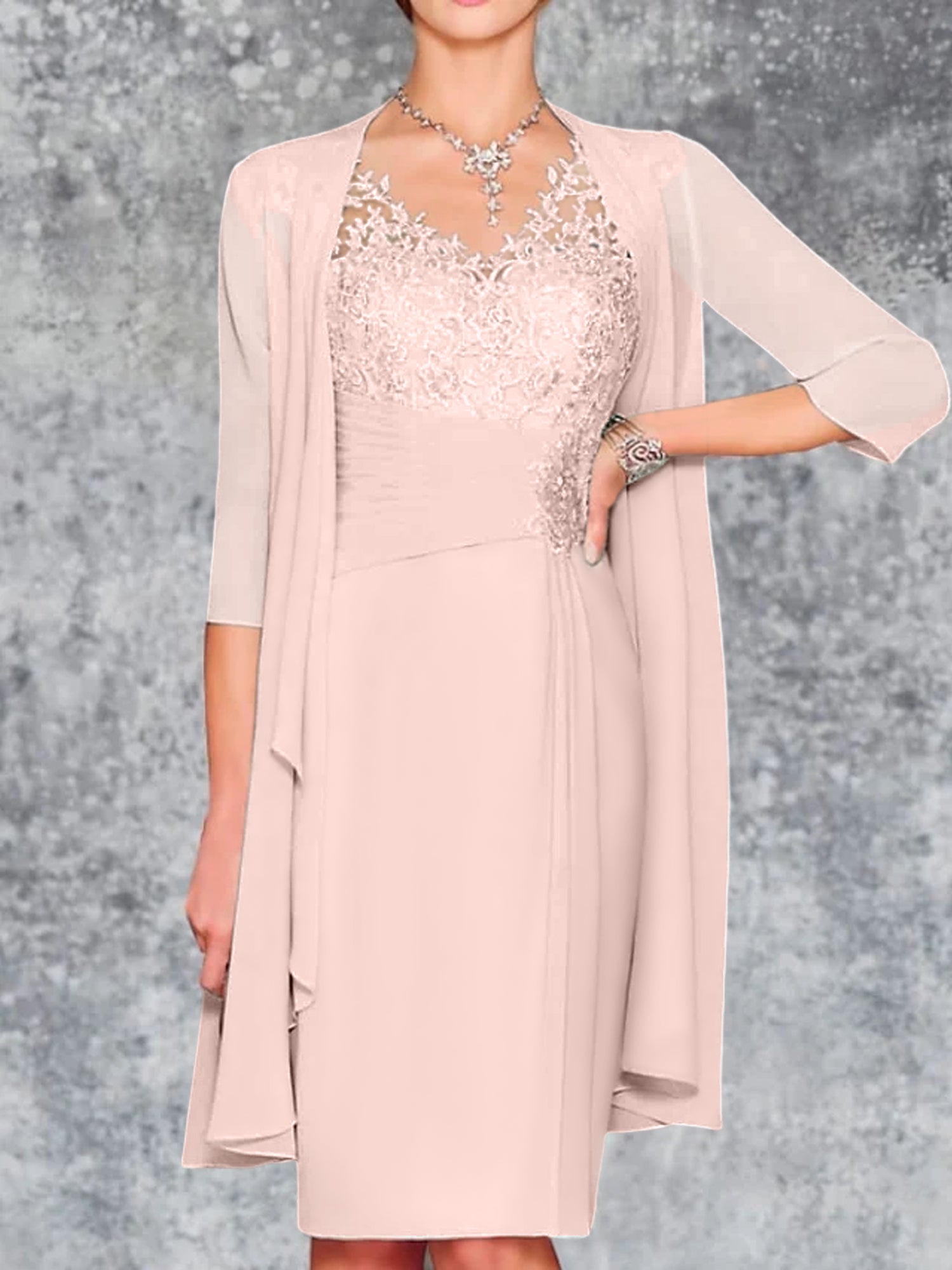 Knee-Length V-Neck Sheath/Column Mother of the Bride Dresses-LLELLA