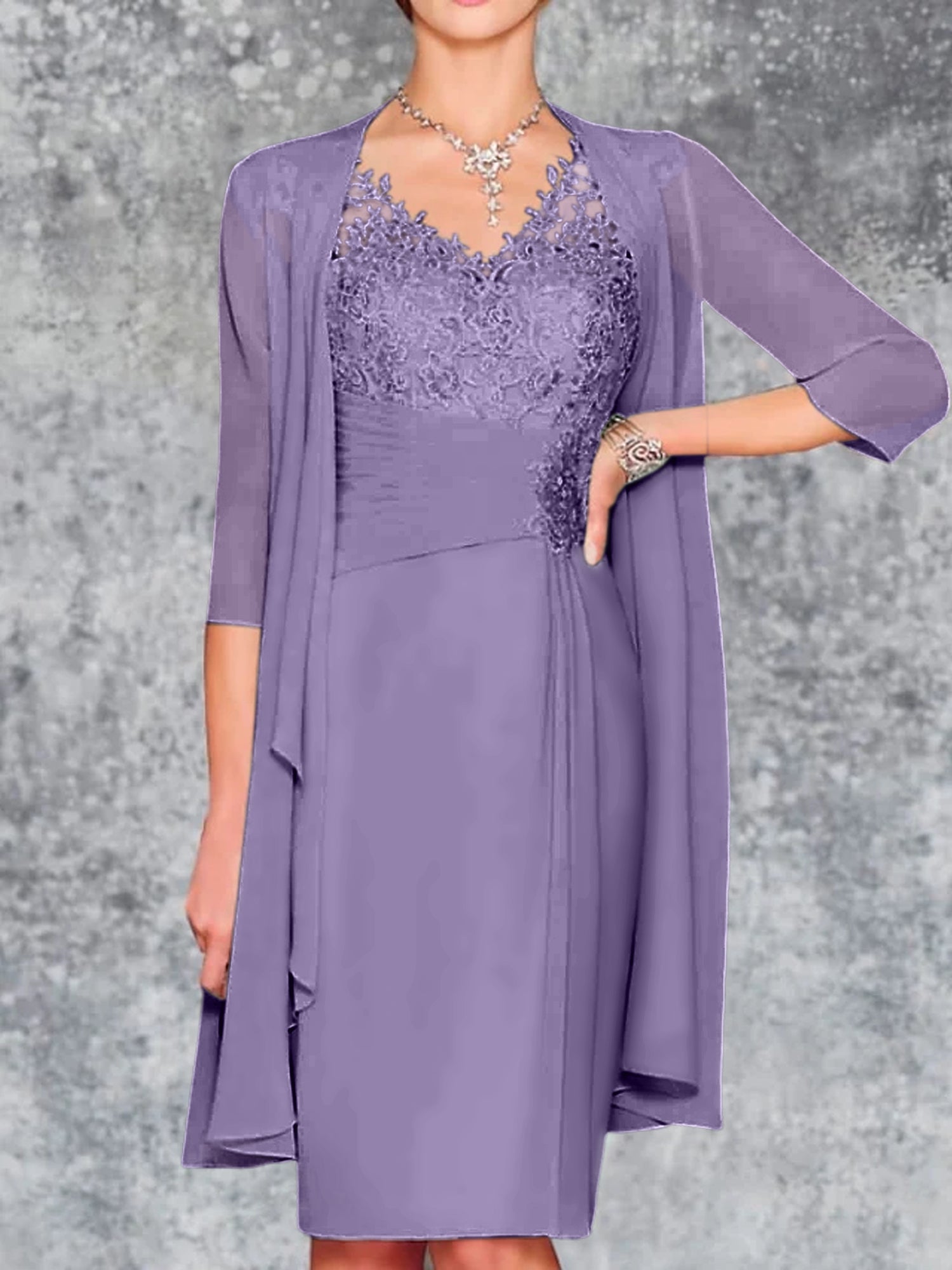 Knee-Length V-Neck Sheath/Column Mother of the Bride Dresses-LLELLA
