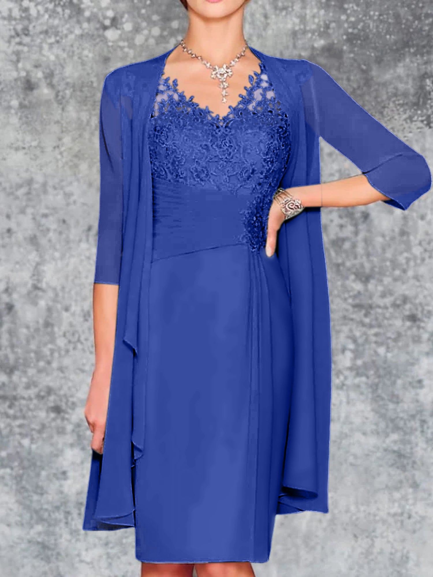 Knee-Length V-Neck Sheath/Column Mother of the Bride Dresses-LLELLA