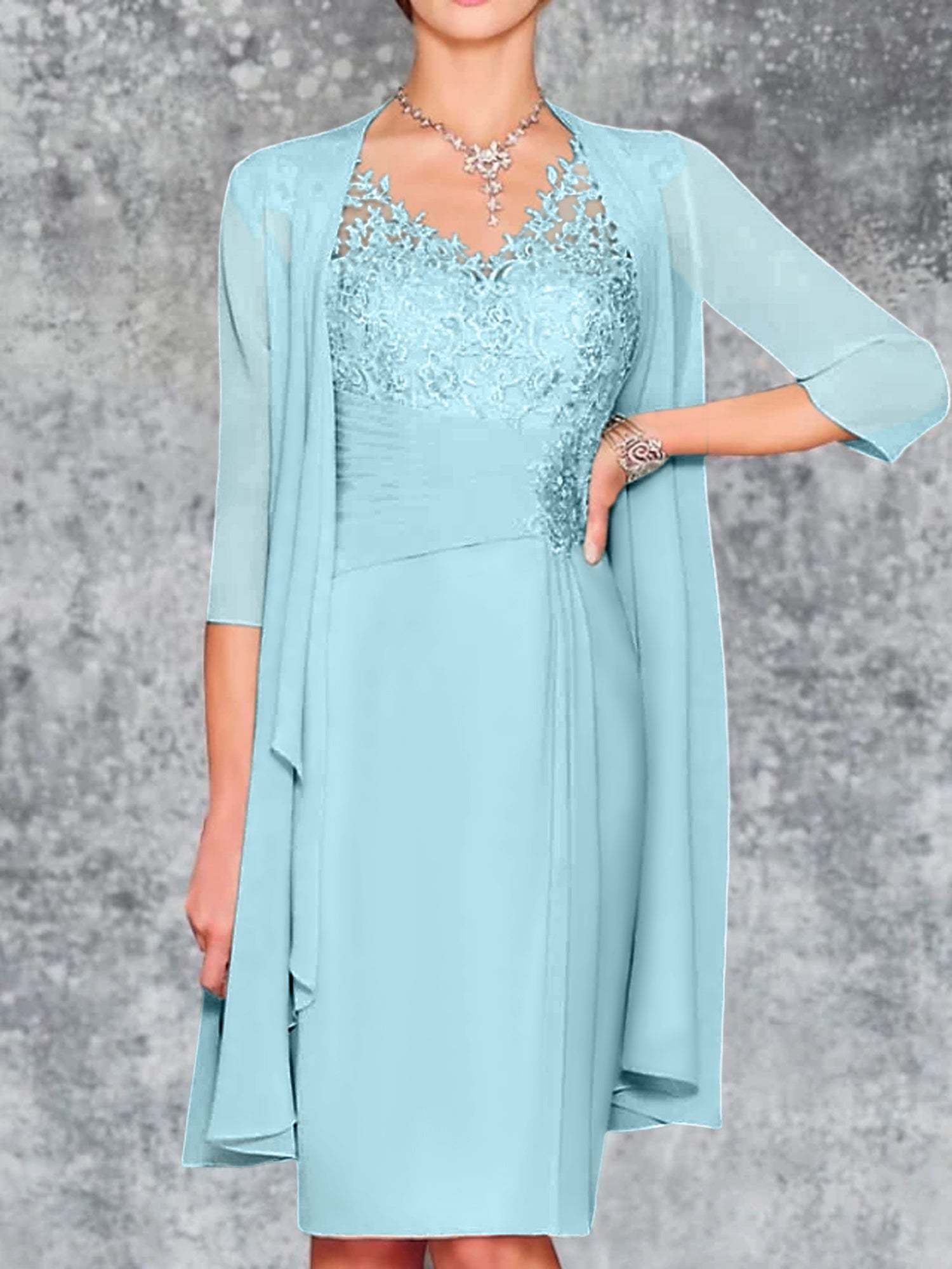 Knee-Length V-Neck Sheath/Column Mother of the Bride Dresses-LLELLA