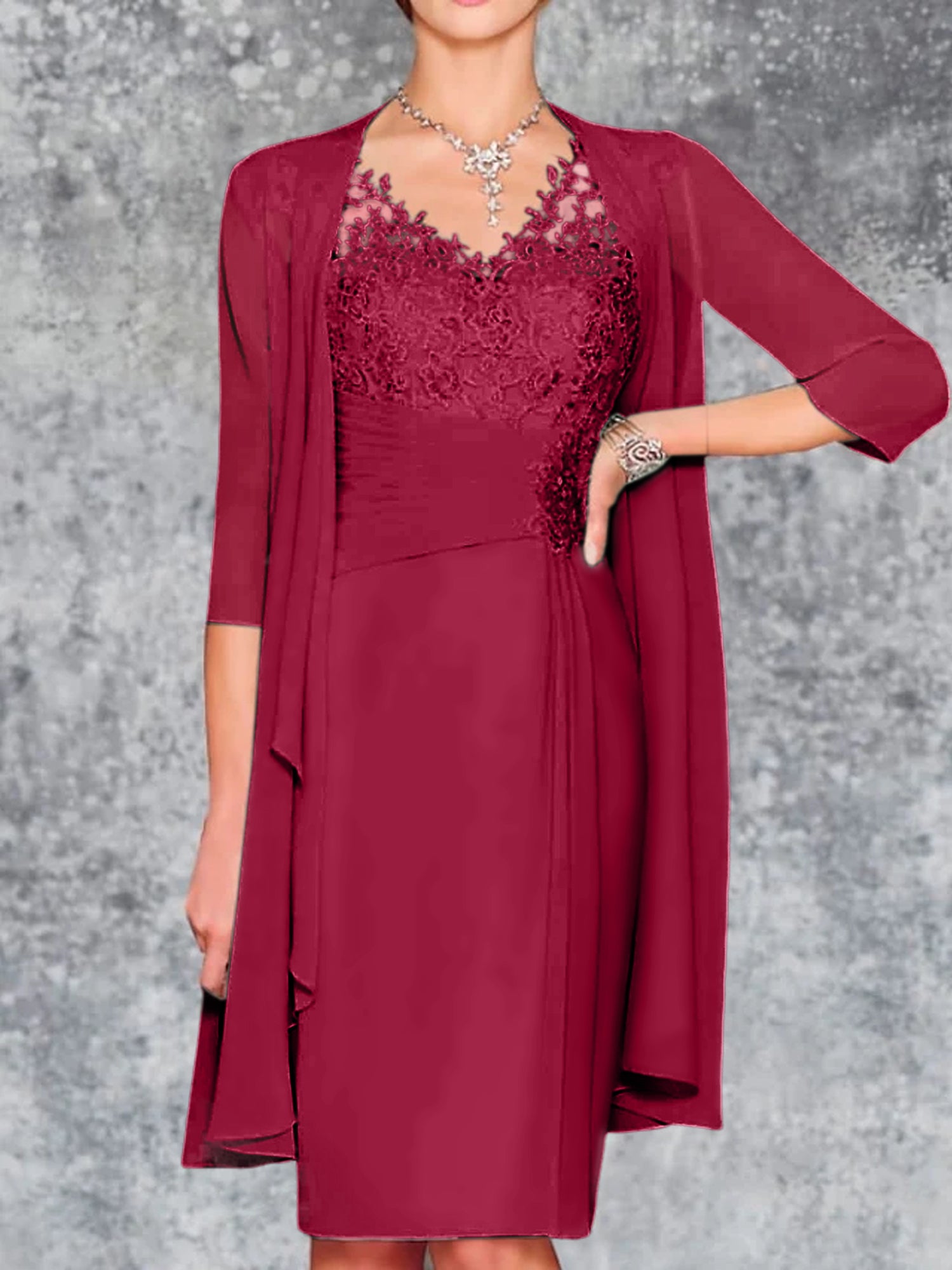 Knee-Length V-Neck Sheath/Column Mother of the Bride Dresses-LLELLA