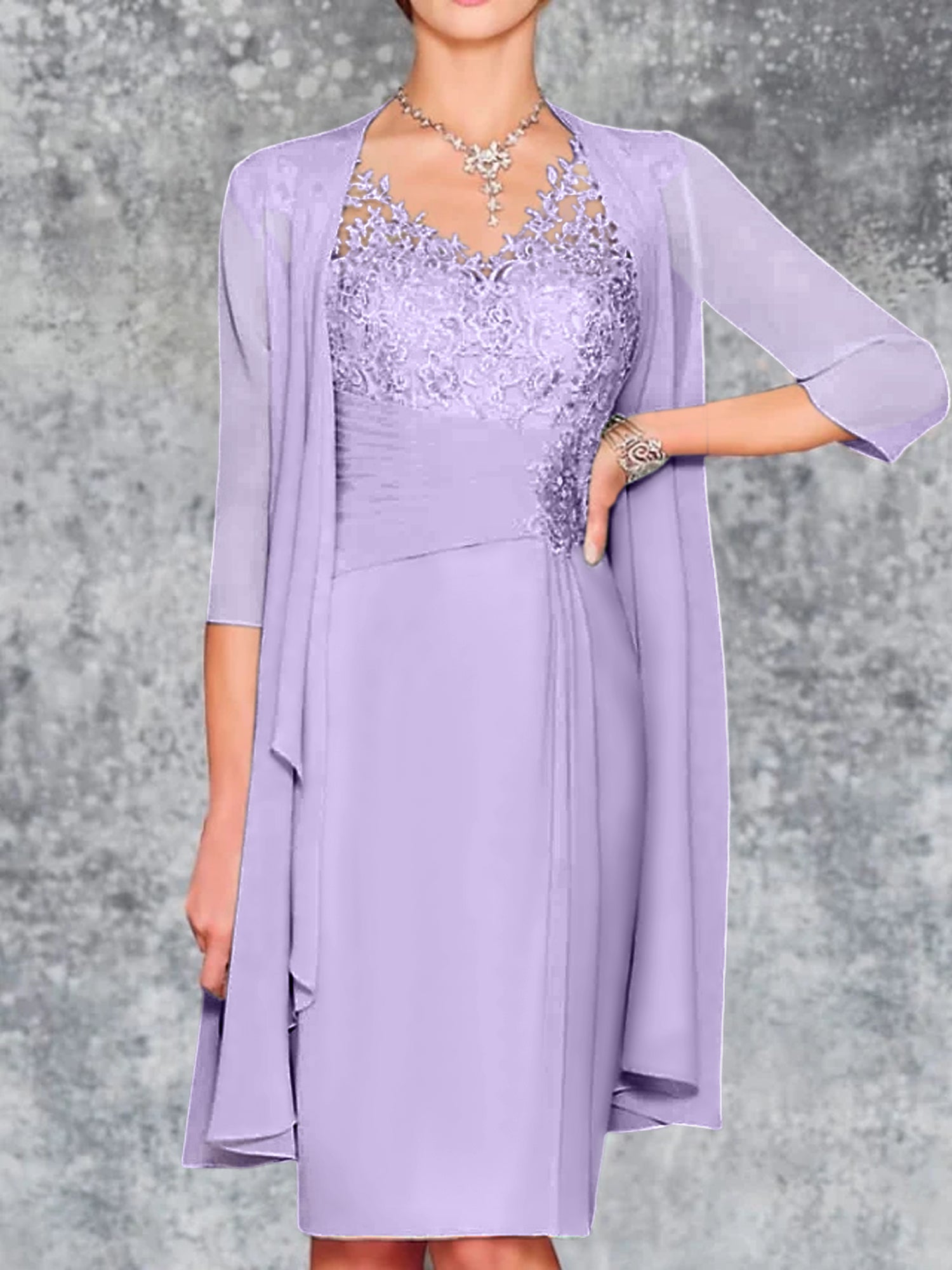 Knee-Length V-Neck Sheath/Column Mother of the Bride Dresses-LLELLA