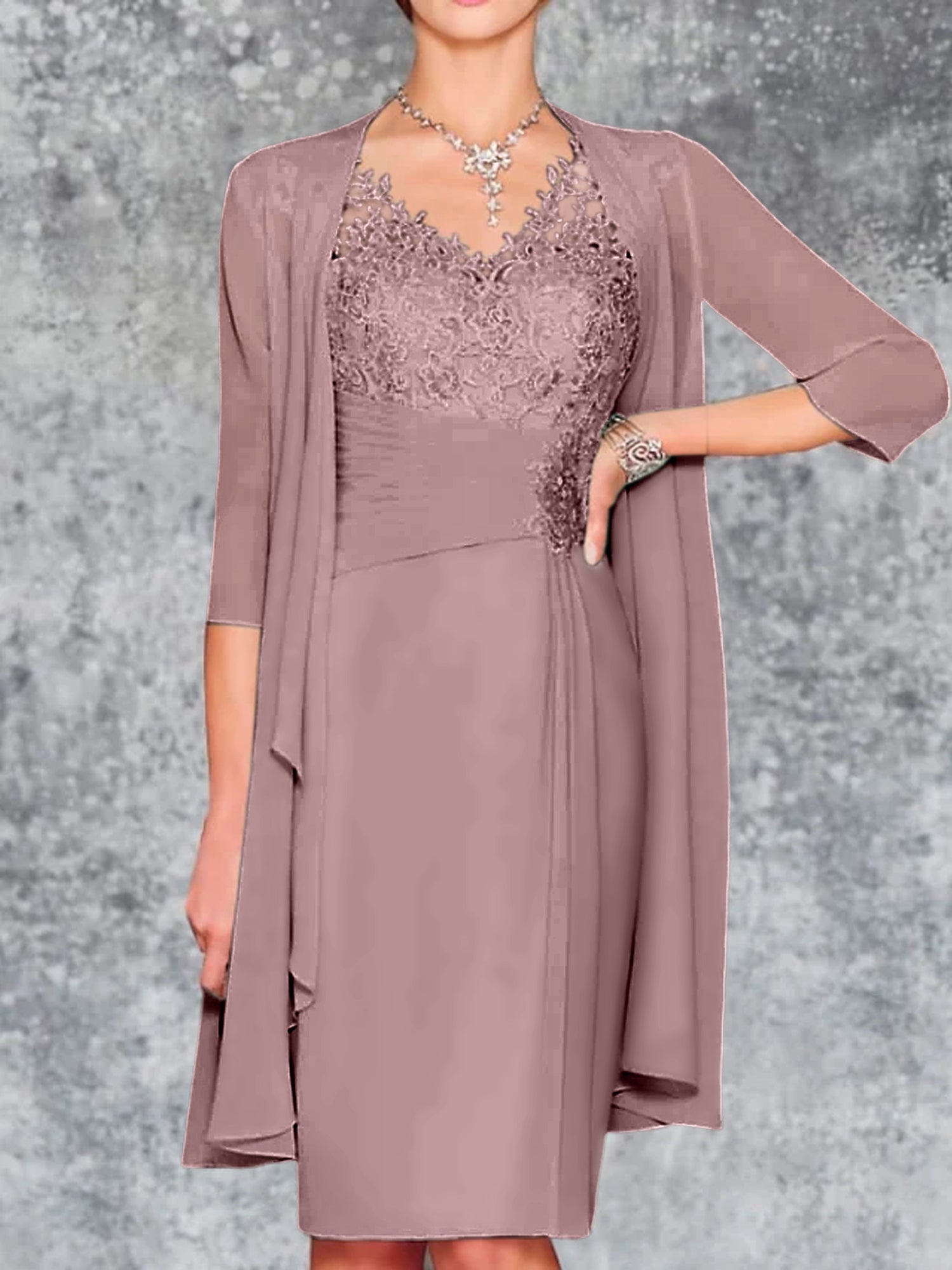 Knee-Length V-Neck Sheath/Column Mother of the Bride Dresses-LLELLA