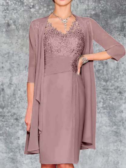 Knee-Length V-Neck Sheath/Column Mother of the Bride Dresses-LLELLA