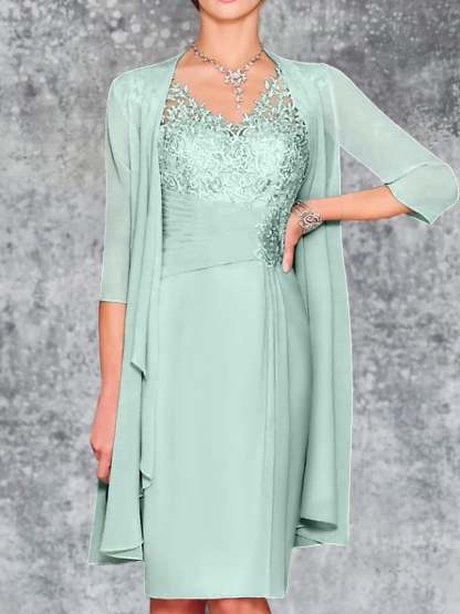 Knee-Length V-Neck Sheath/Column Mother of the Bride Dresses-LLELLA