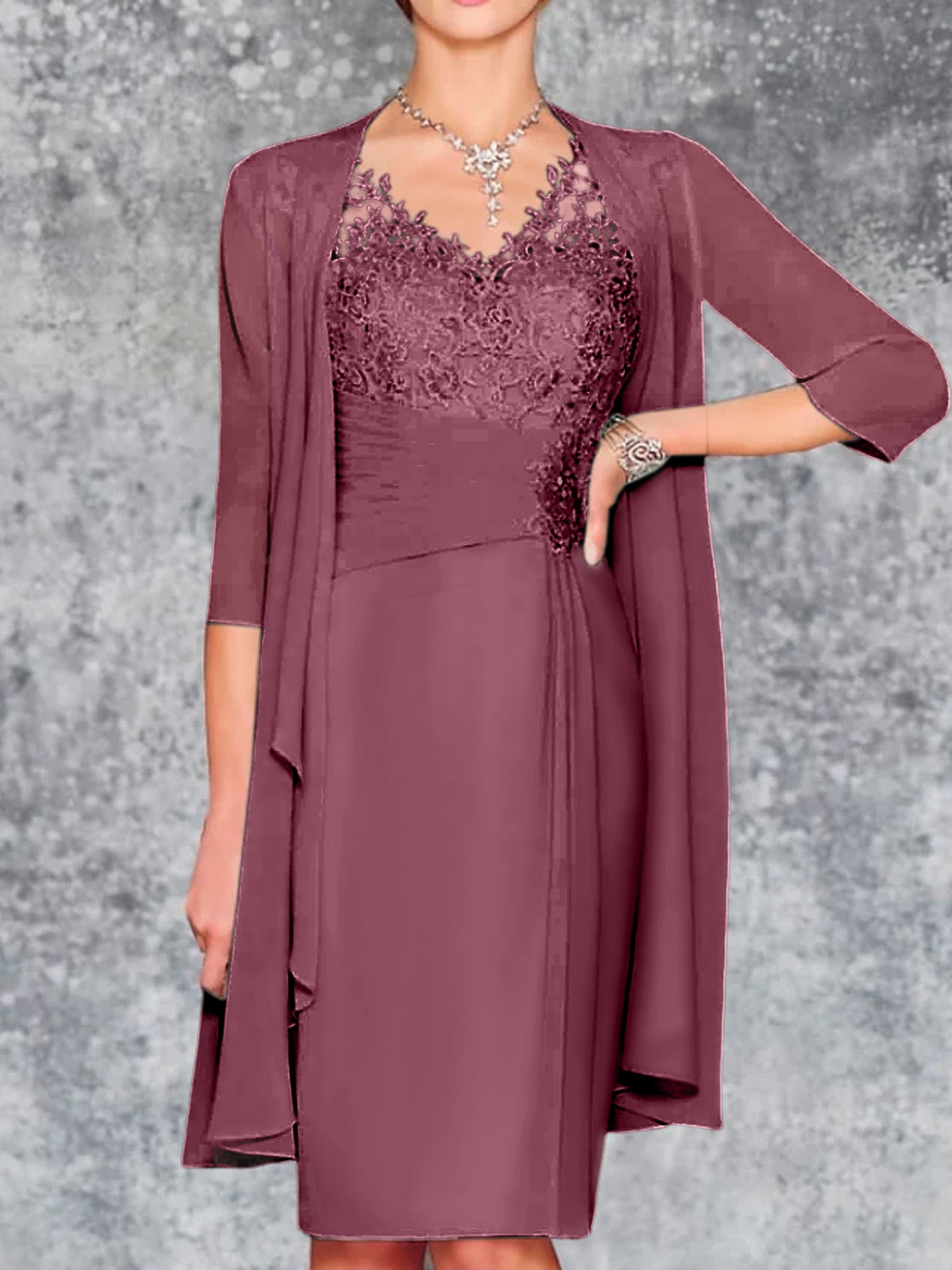 Knee-Length V-Neck Sheath/Column Mother of the Bride Dresses-LLELLA