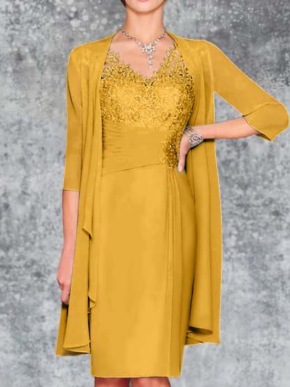 Knee-Length V-Neck Sheath/Column Mother of the Bride Dresses-LLELLA