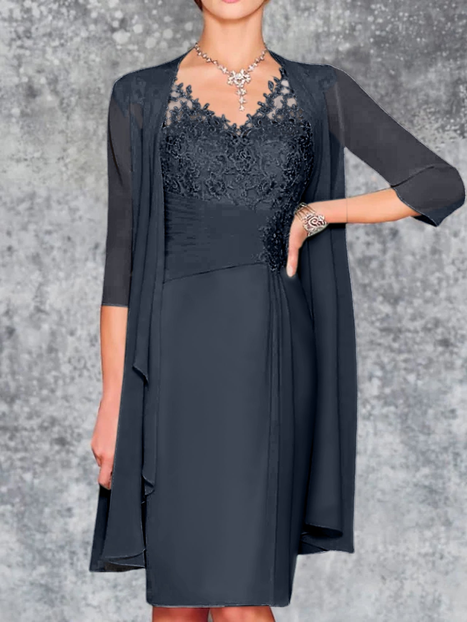 Knee-Length V-Neck Sheath/Column Mother of the Bride Dresses-LLELLA