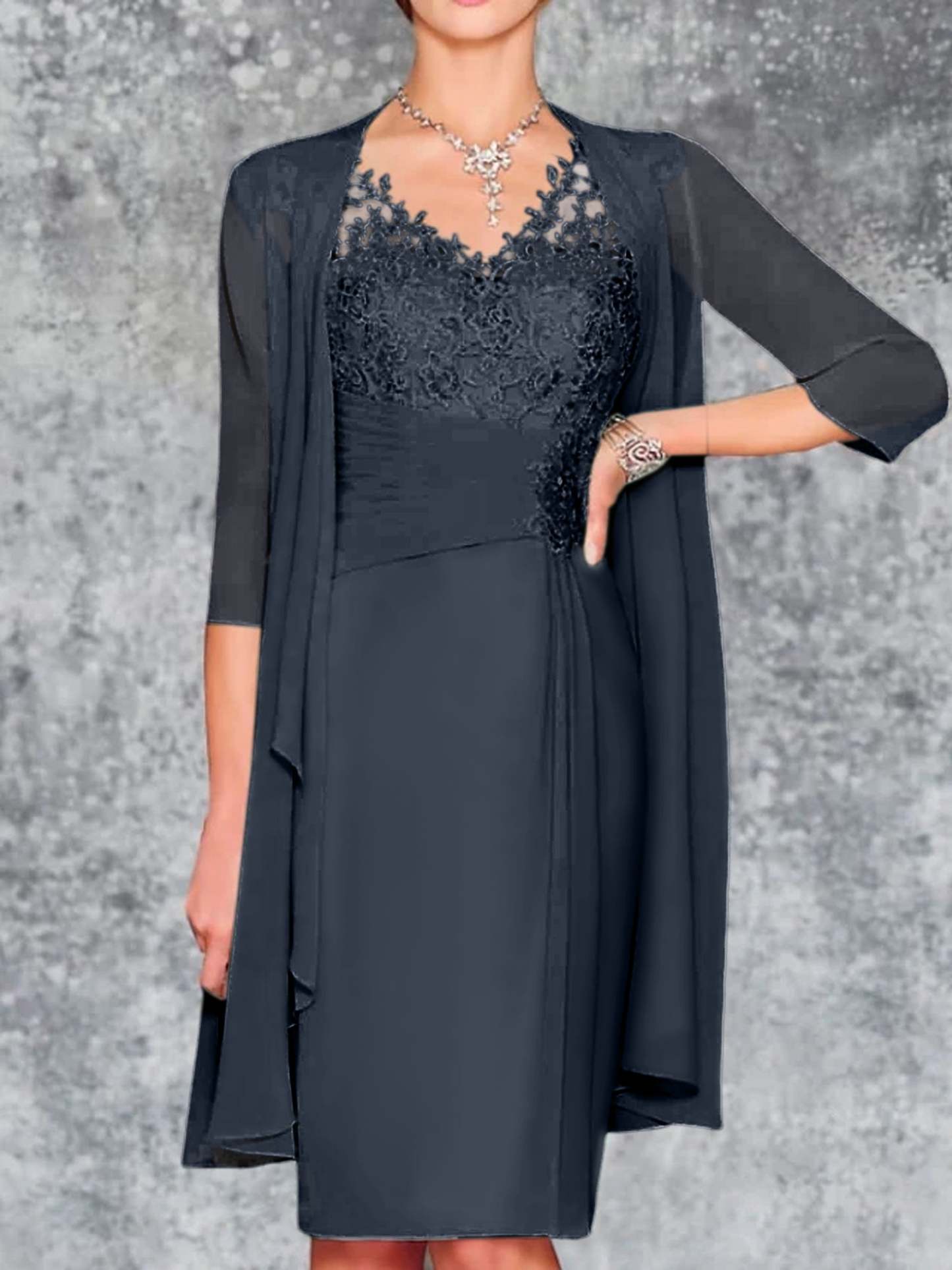 Knee-Length V-Neck Sheath/Column Mother of the Bride Dresses-LLELLA