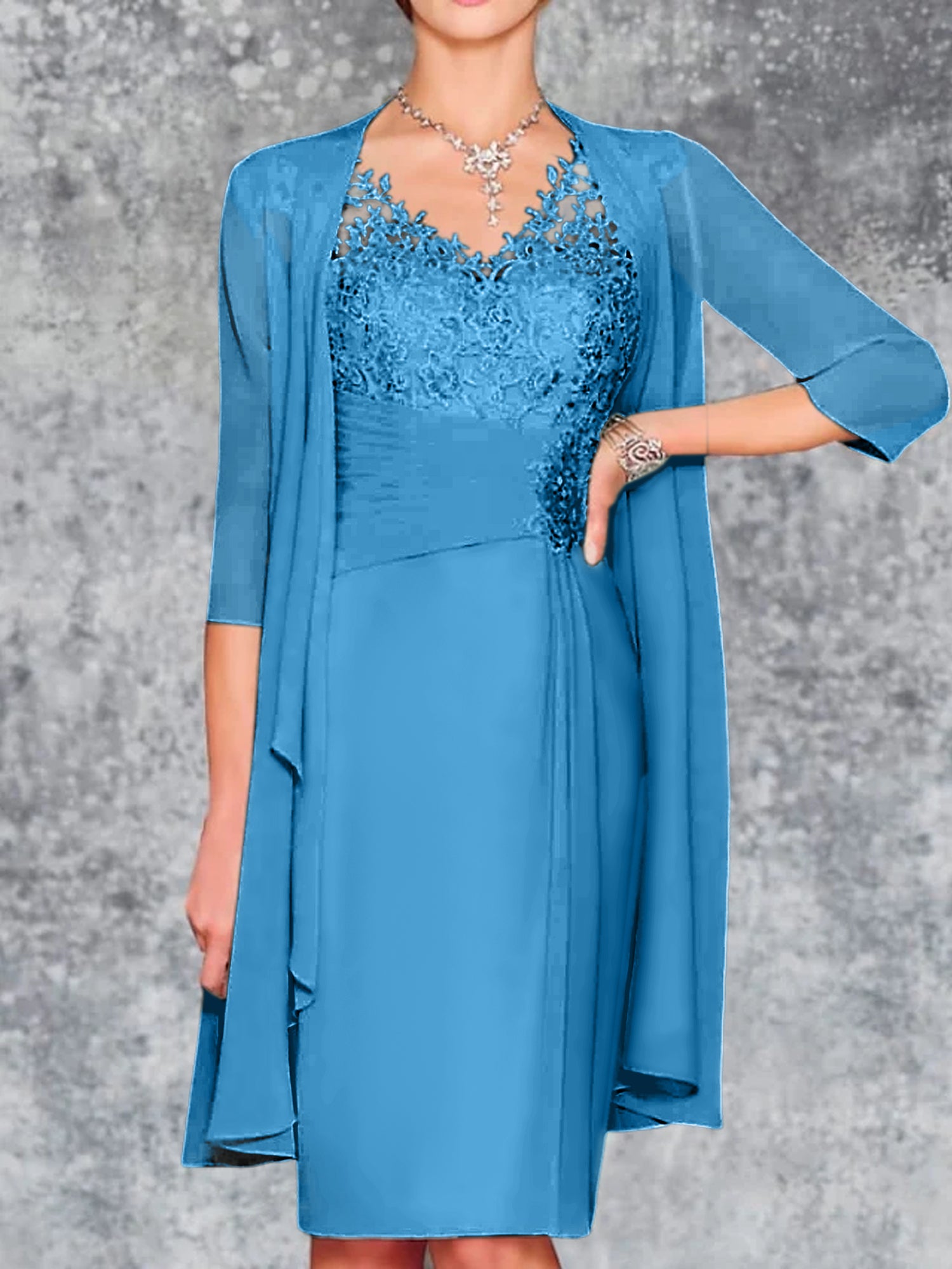 Knee-Length V-Neck Sheath/Column Mother of the Bride Dresses-LLELLA