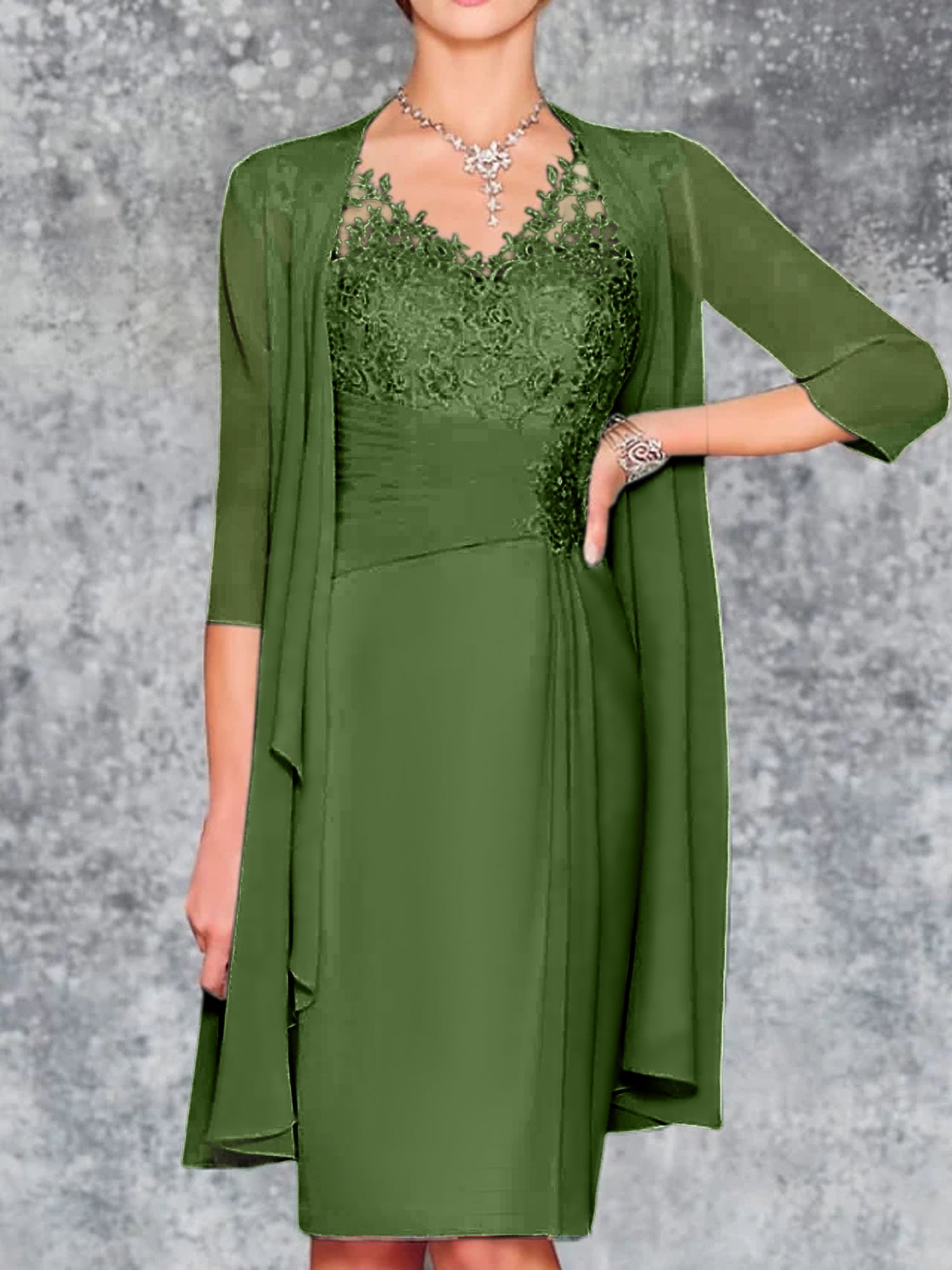 Knee-Length V-Neck Sheath/Column Mother of the Bride Dresses-LLELLA