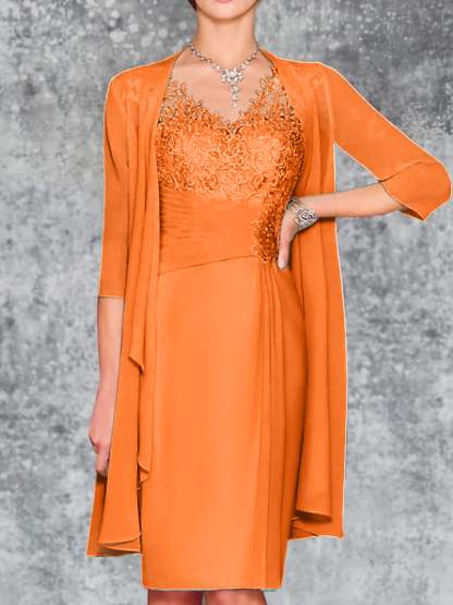 Knee-Length V-Neck Sheath/Column Mother of the Bride Dresses-LLELLA