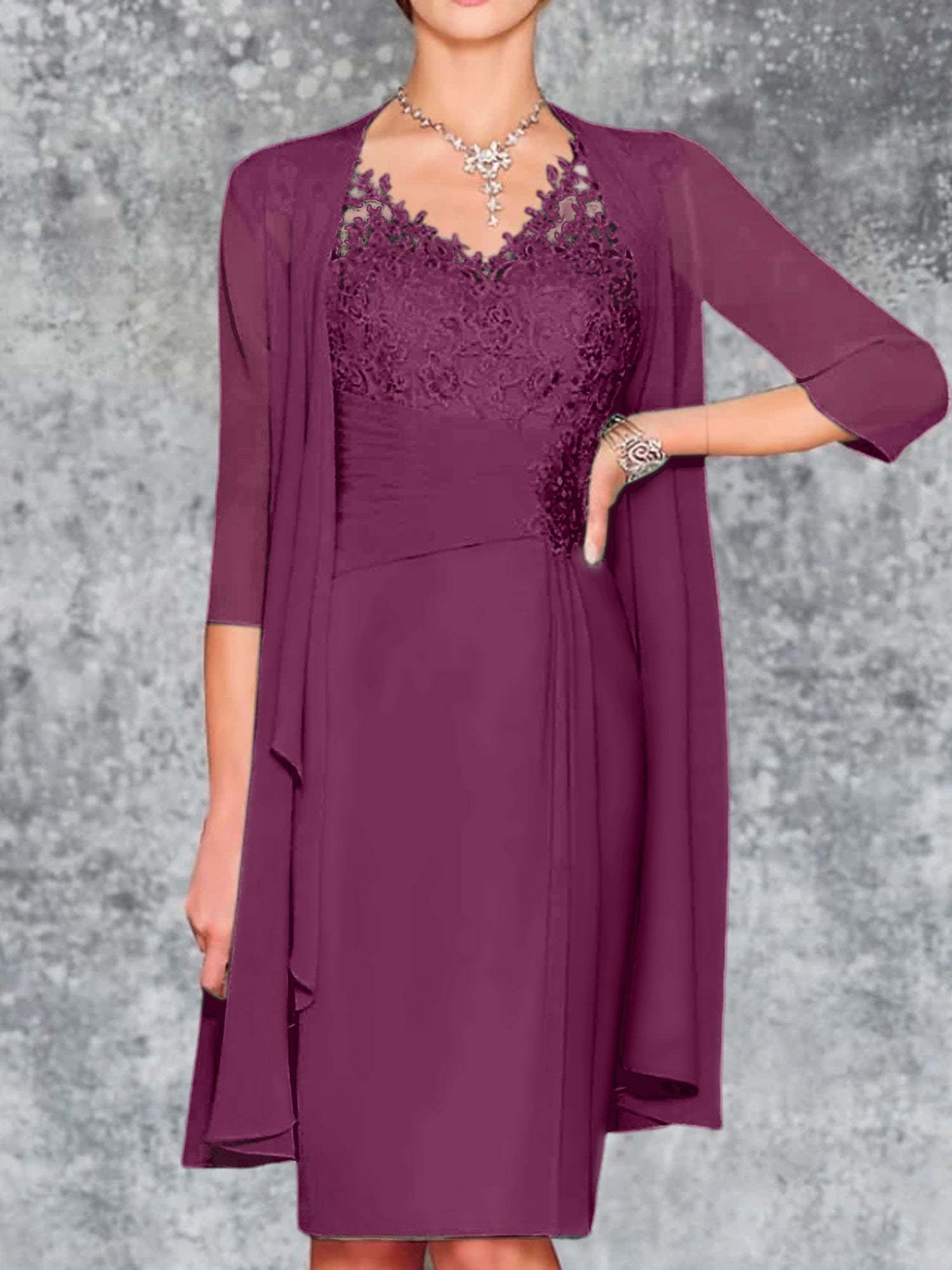 Knee-Length V-Neck Sheath/Column Mother of the Bride Dresses-LLELLA