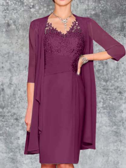 Knee-Length V-Neck Sheath/Column Mother of the Bride Dresses-LLELLA