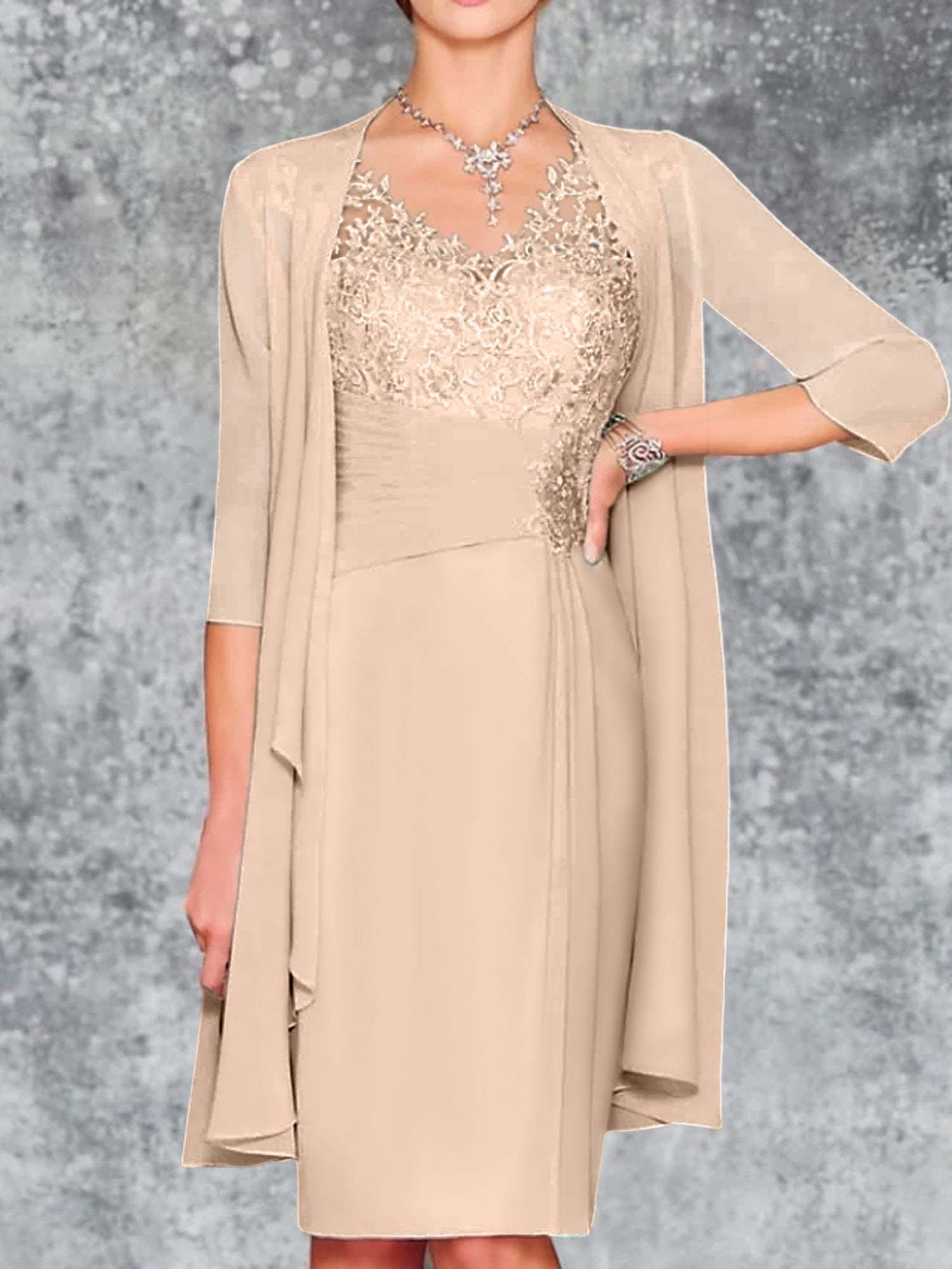 Knee-Length V-Neck Sheath/Column Mother of the Bride Dresses-LLELLA