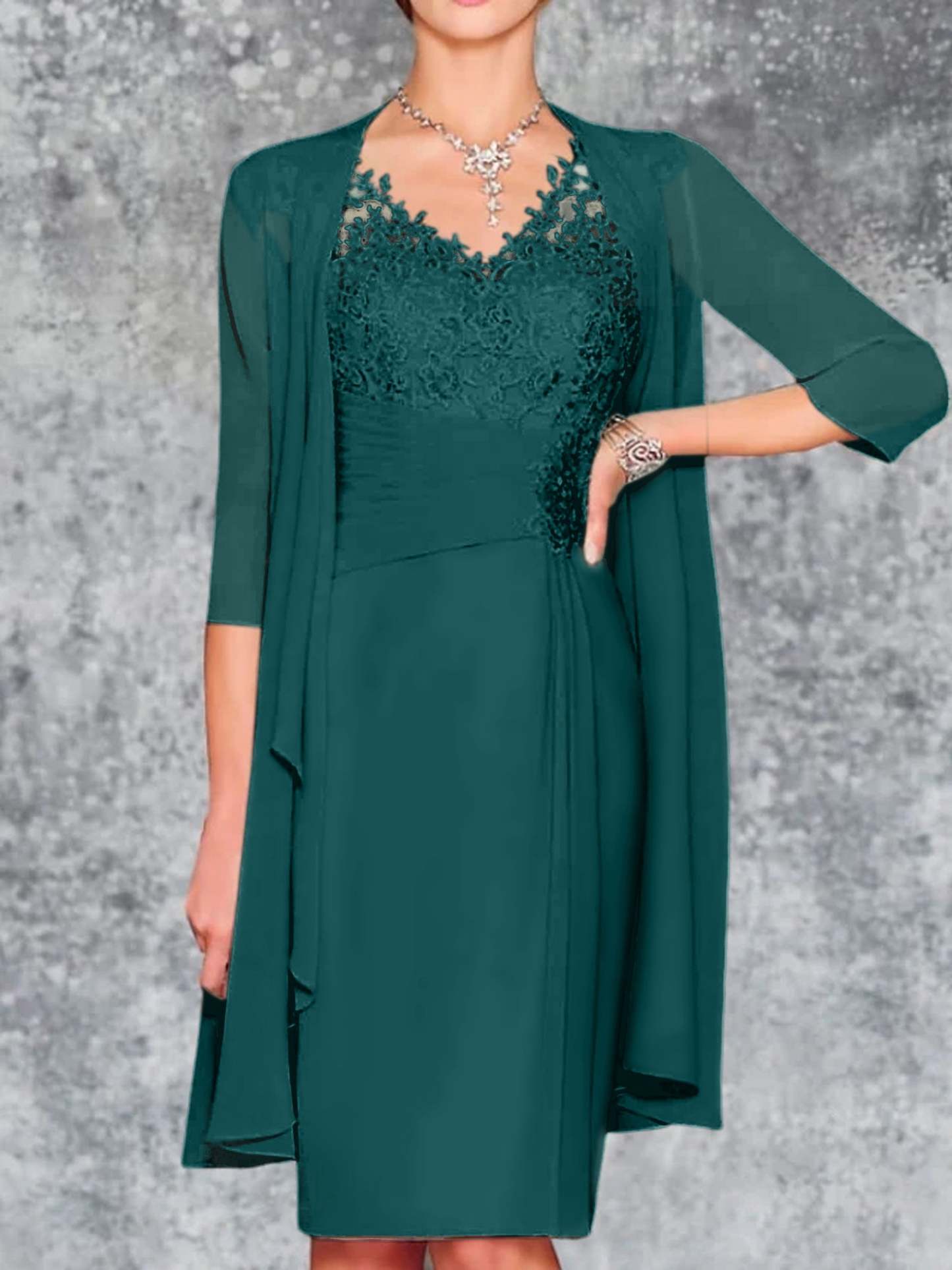 Knee-Length V-Neck Sheath/Column Mother of the Bride Dresses-LLELLA