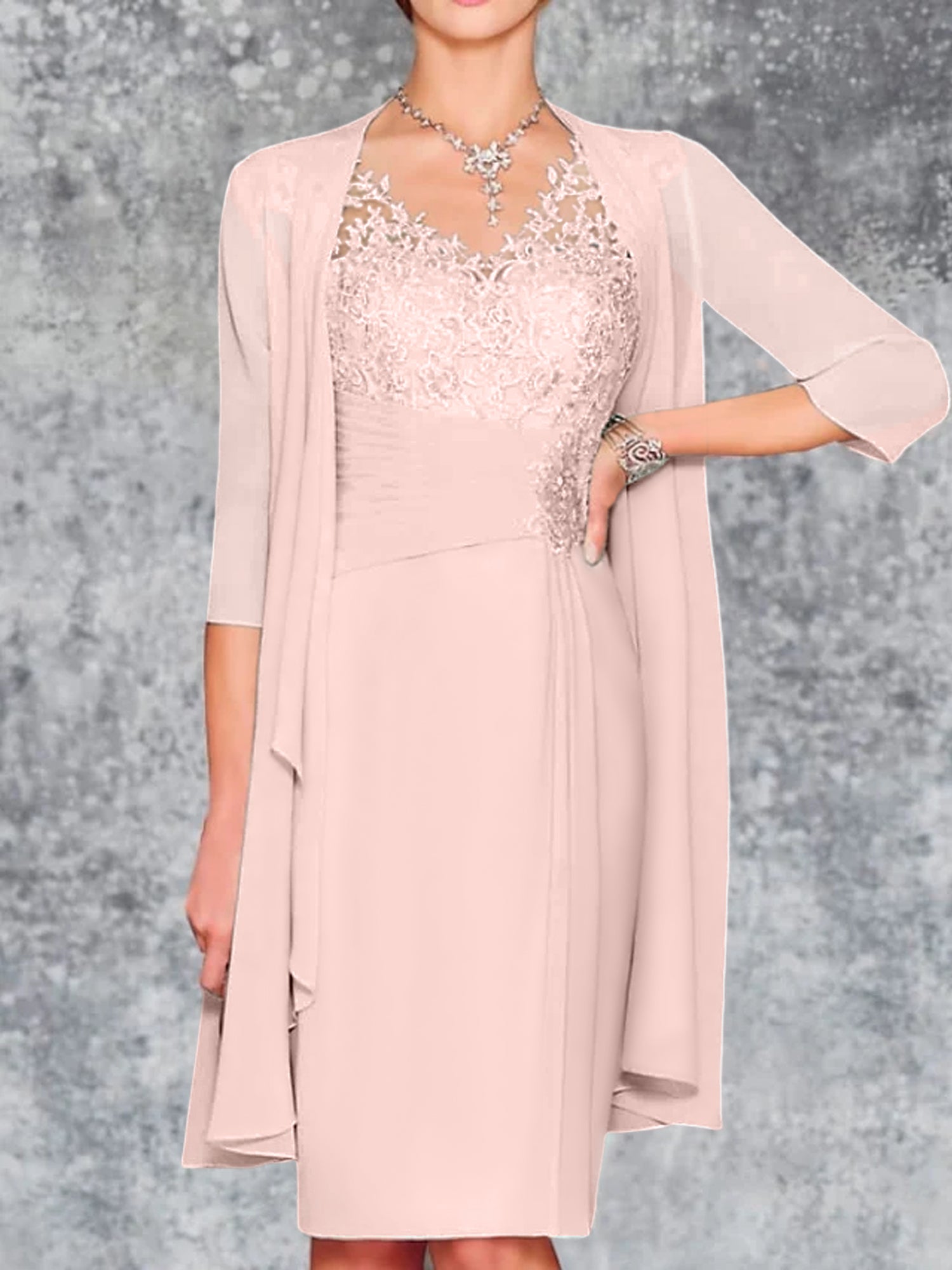Knee-Length V-Neck Sheath/Column Mother of the Bride Dresses-LLELLA