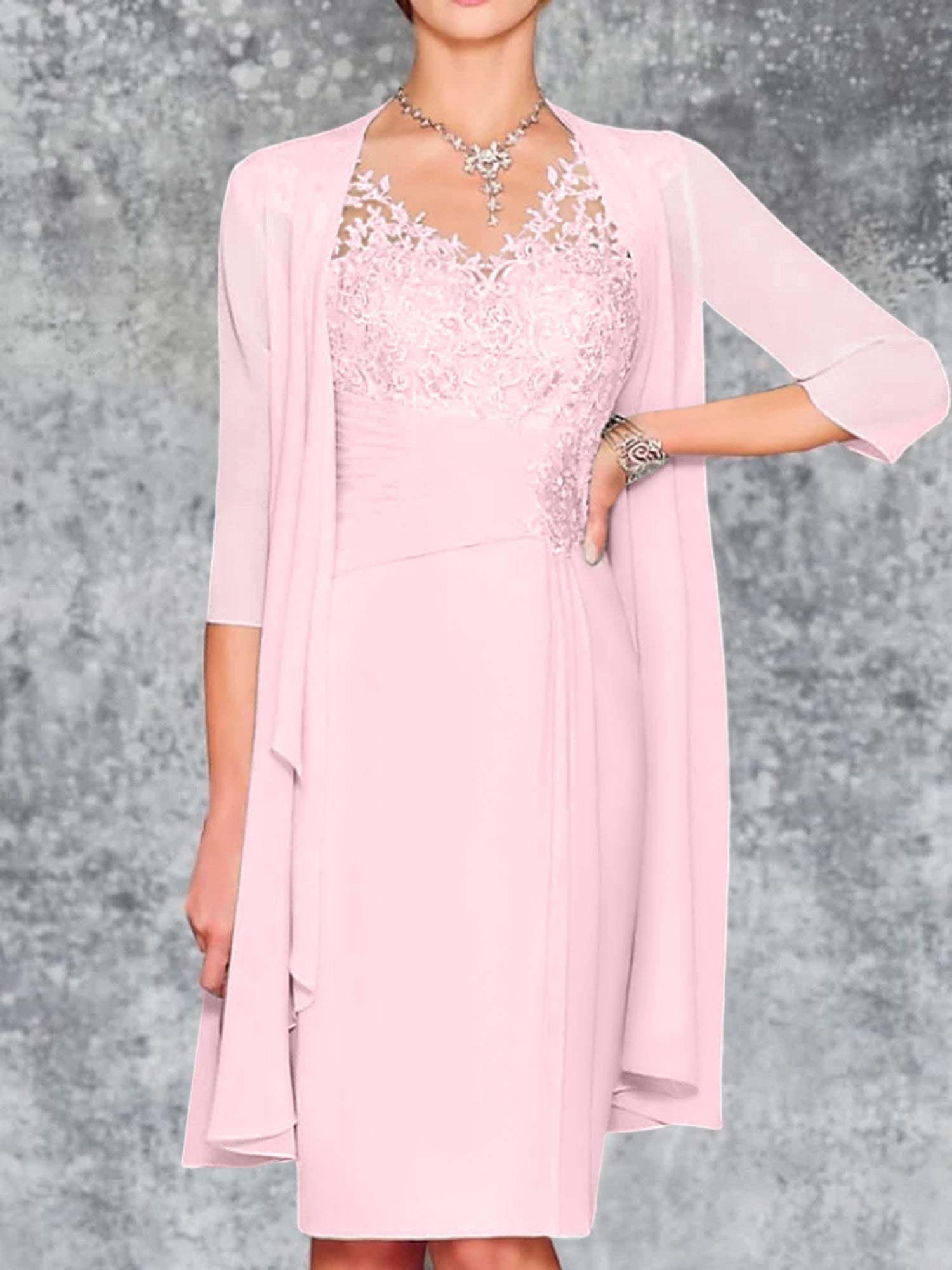 Knee-Length V-Neck Sheath/Column Mother of the Bride Dresses-LLELLA