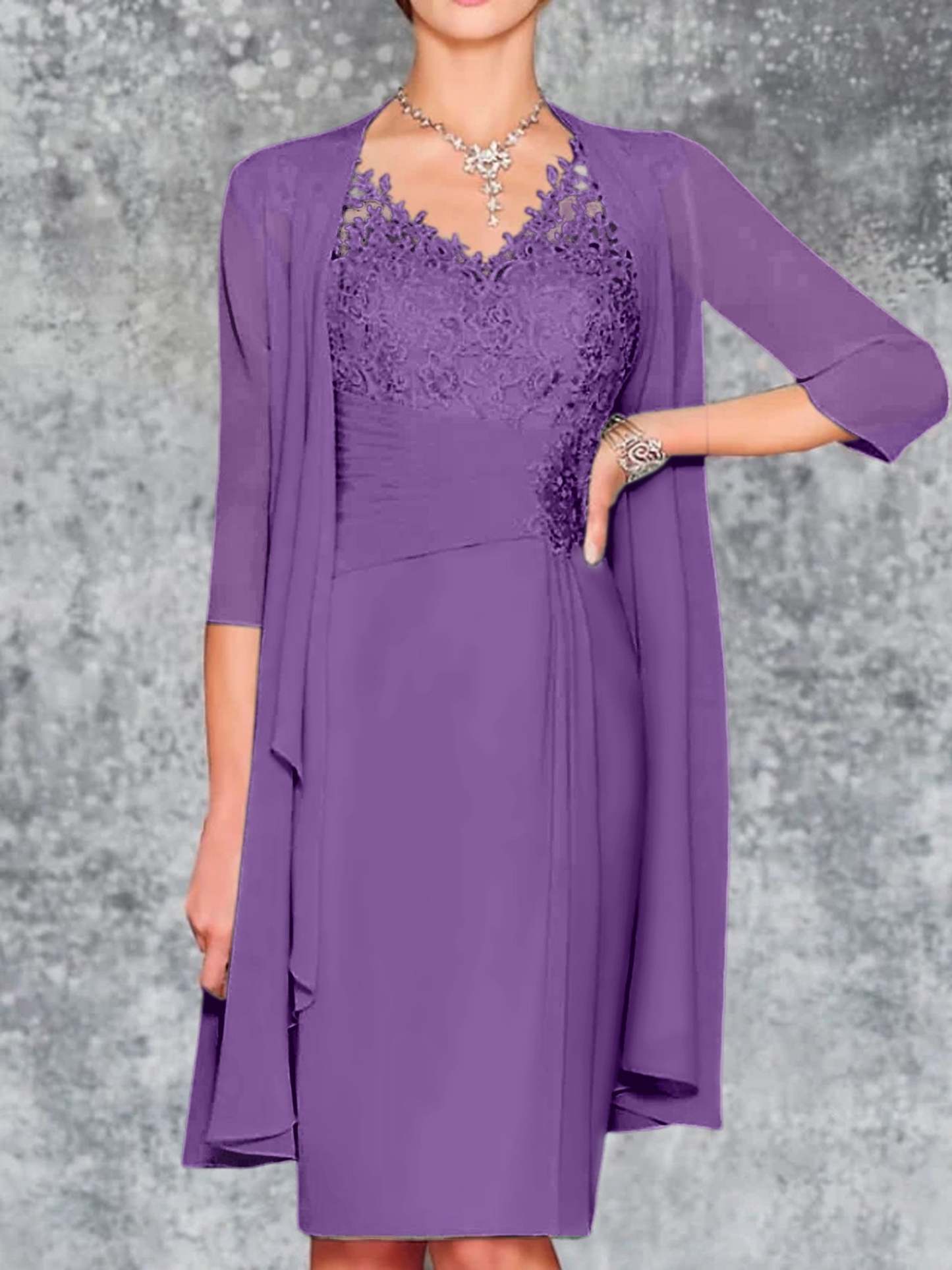 Knee-Length V-Neck Sheath/Column Mother of the Bride Dresses-LLELLA