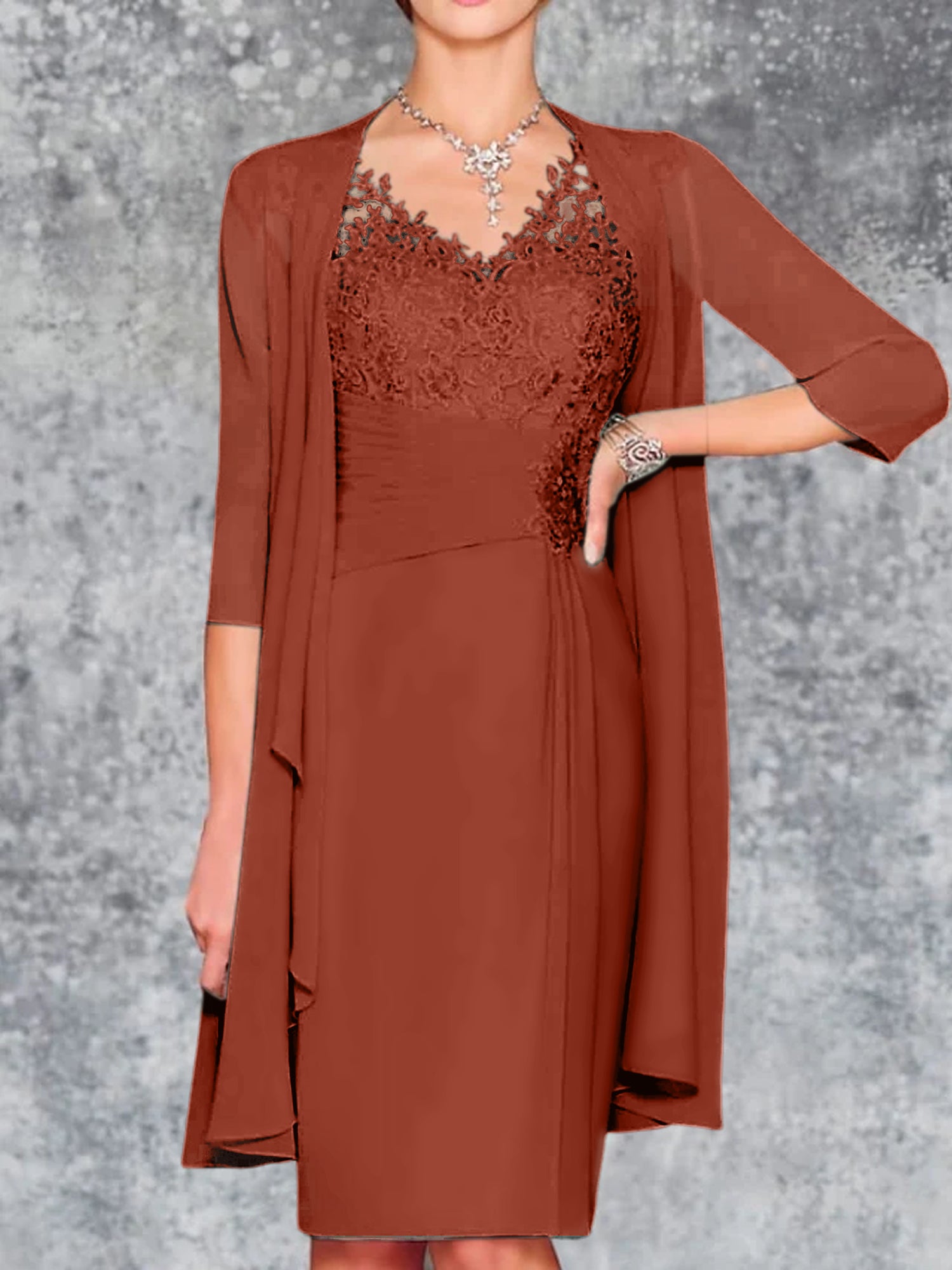 Knee-Length V-Neck Sheath/Column Mother of the Bride Dresses-LLELLA