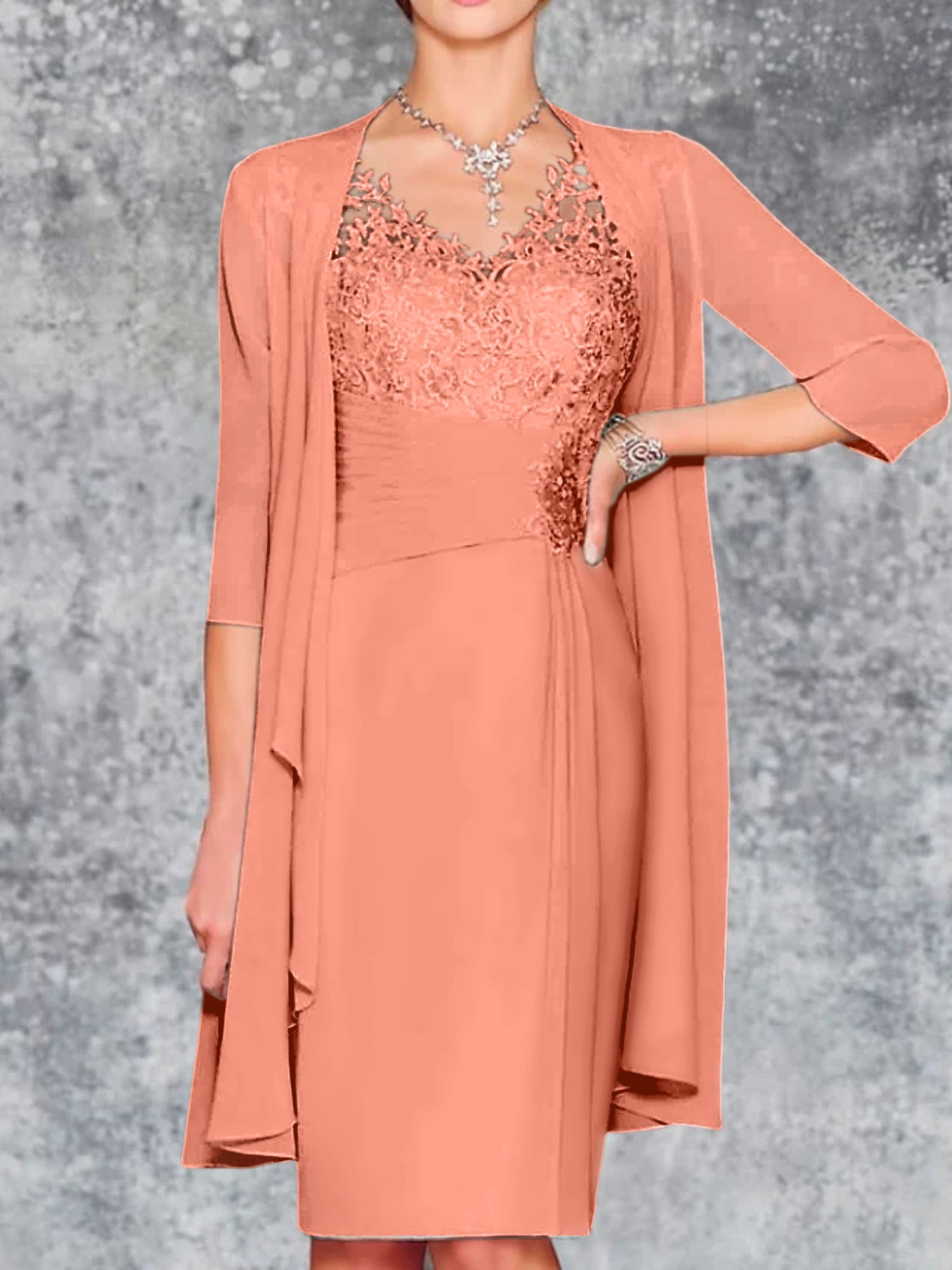 Knee-Length V-Neck Sheath/Column Mother of the Bride Dresses-LLELLA