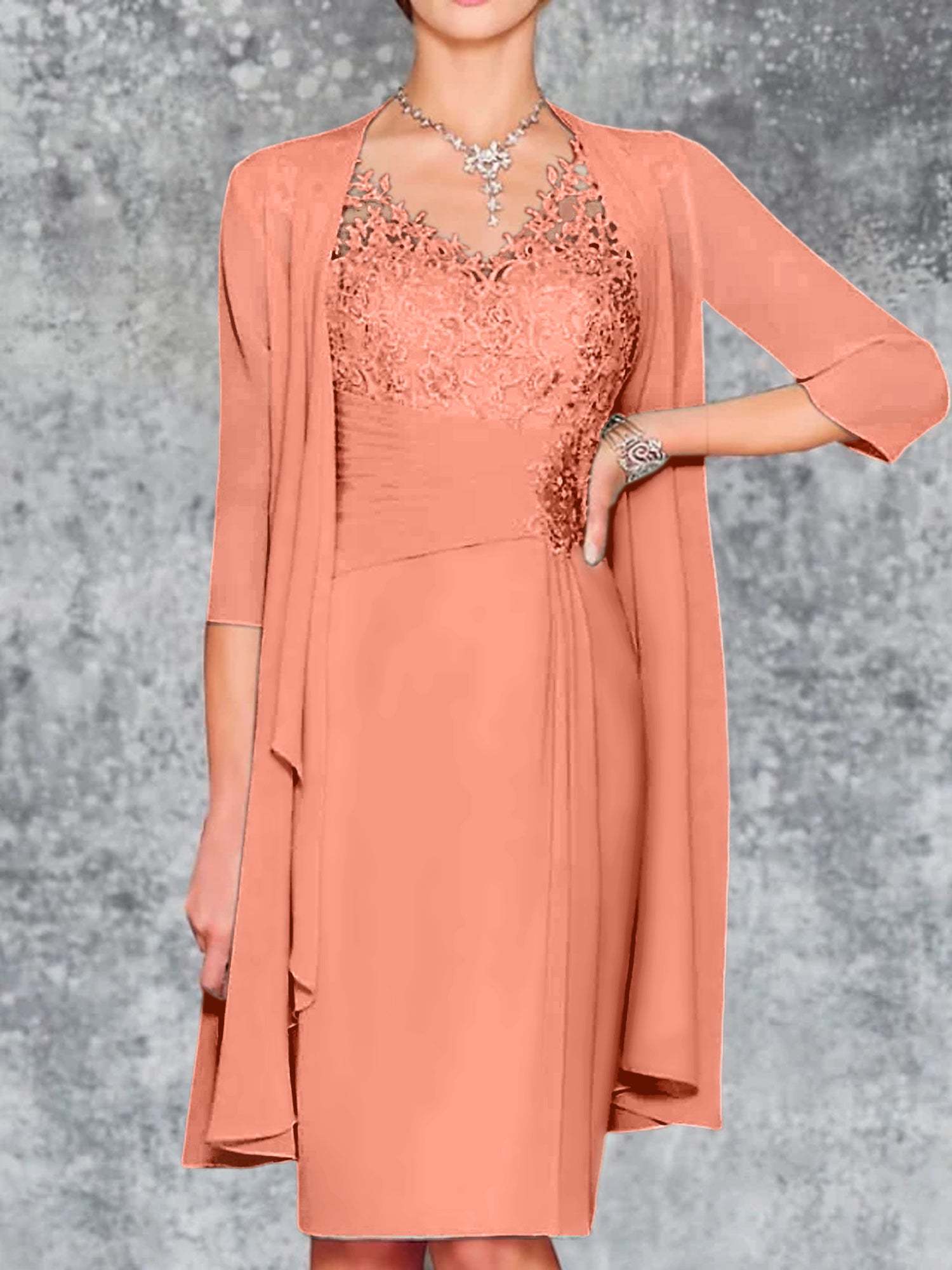 Knee-Length V-Neck Sheath/Column Mother of the Bride Dresses-LLELLA